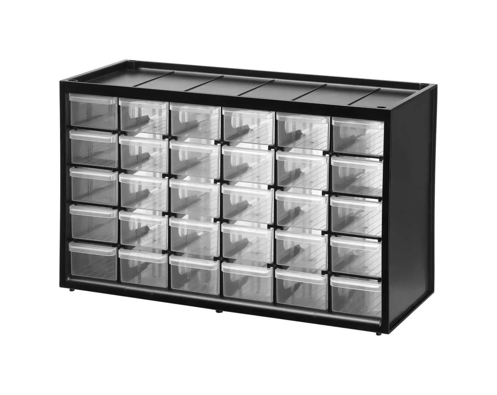 Schwarzer Organizer mit 30 klaren Schubladen, ideal für Kleinteile in Werkstatt oder Hobbyraum.