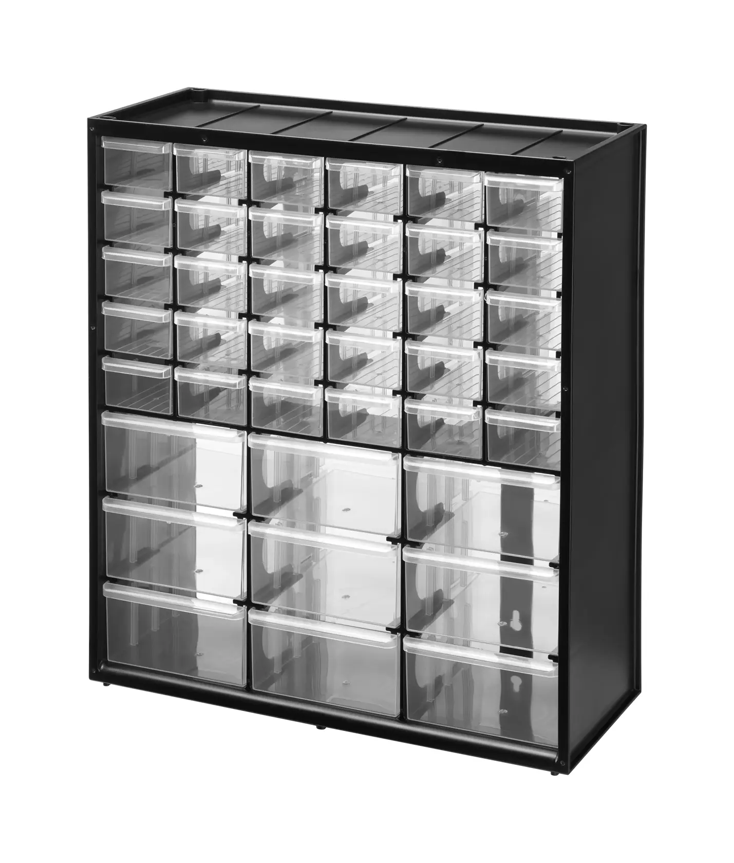 STANLEY 1-93-981 schwarzer Aufbewahrungsorganizer mit 30 kleinen und 9 großen transparenten Schubladen, Frontansicht.