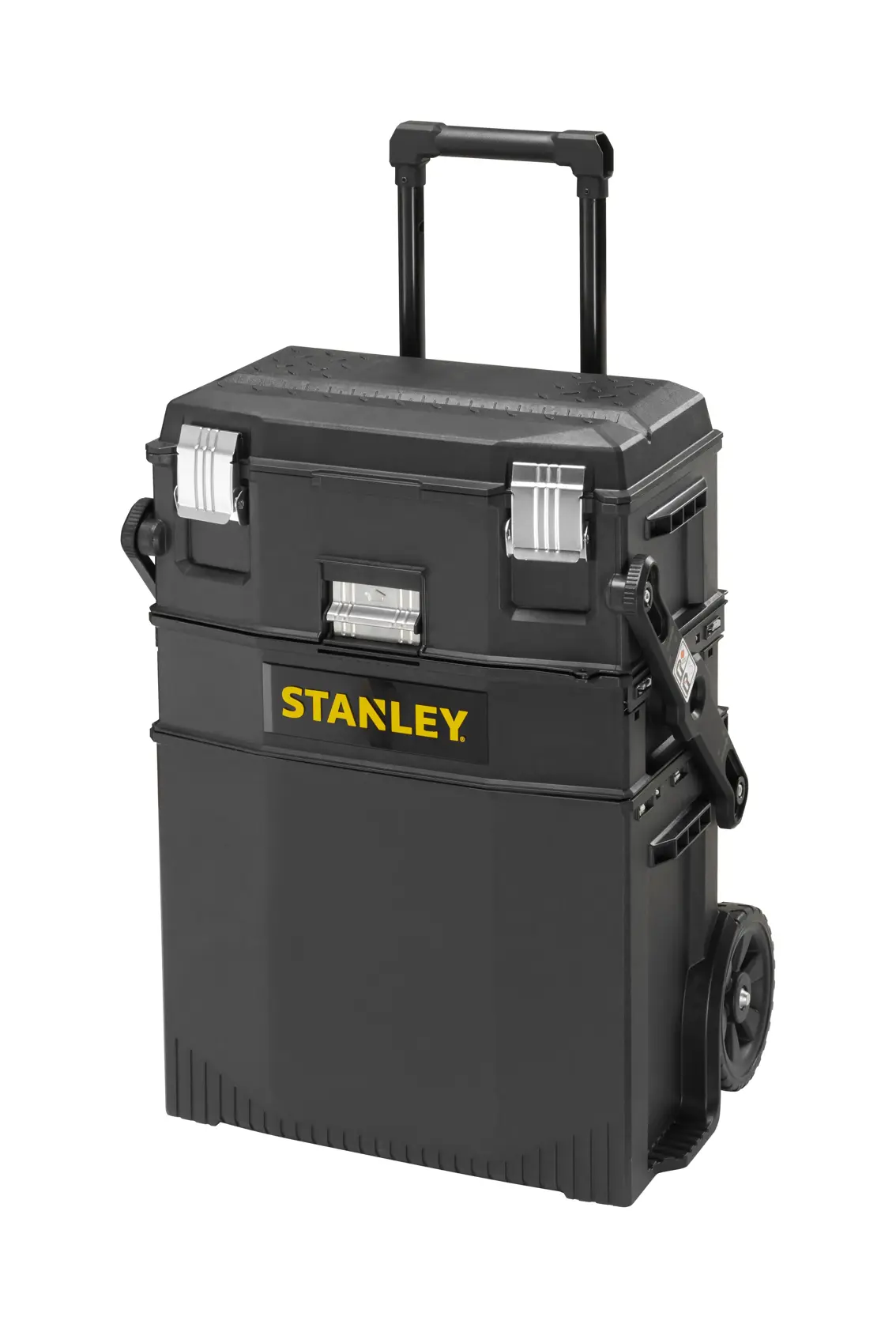 STANLEY 1-94-210 schwarze Werkzeugbox mit Rollen, Teleskopgriff und Seitenverschlüssen, Vorderansicht, Fotografie.