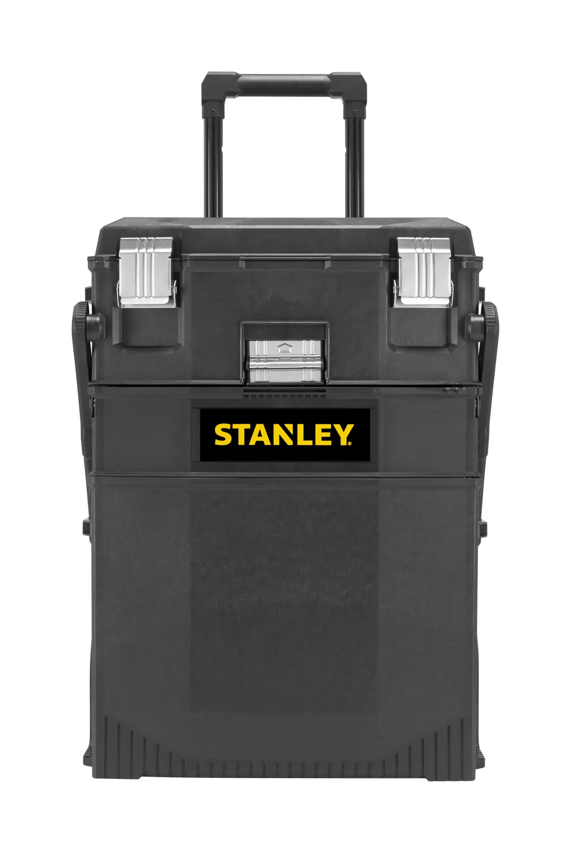 STANLEY 1-94-210 rollbarer schwarzer Werkzeugkasten mit Metallverschlüssen und Teleskopgriff, Fotografie, Vorderansicht.