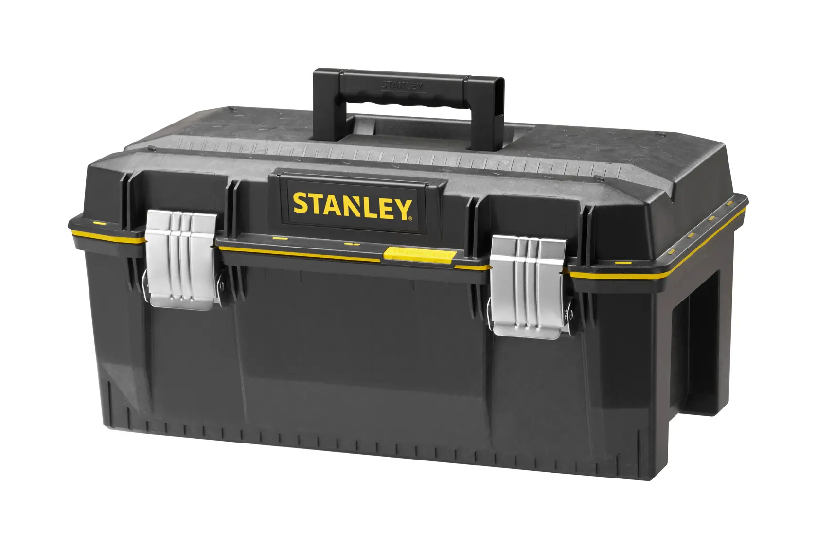 Schwarzer Stanley Werkzeugkasten mit Metallverschlüssen, gelben Akzenten und Griff, geschlossen auf weißem Hintergrund.