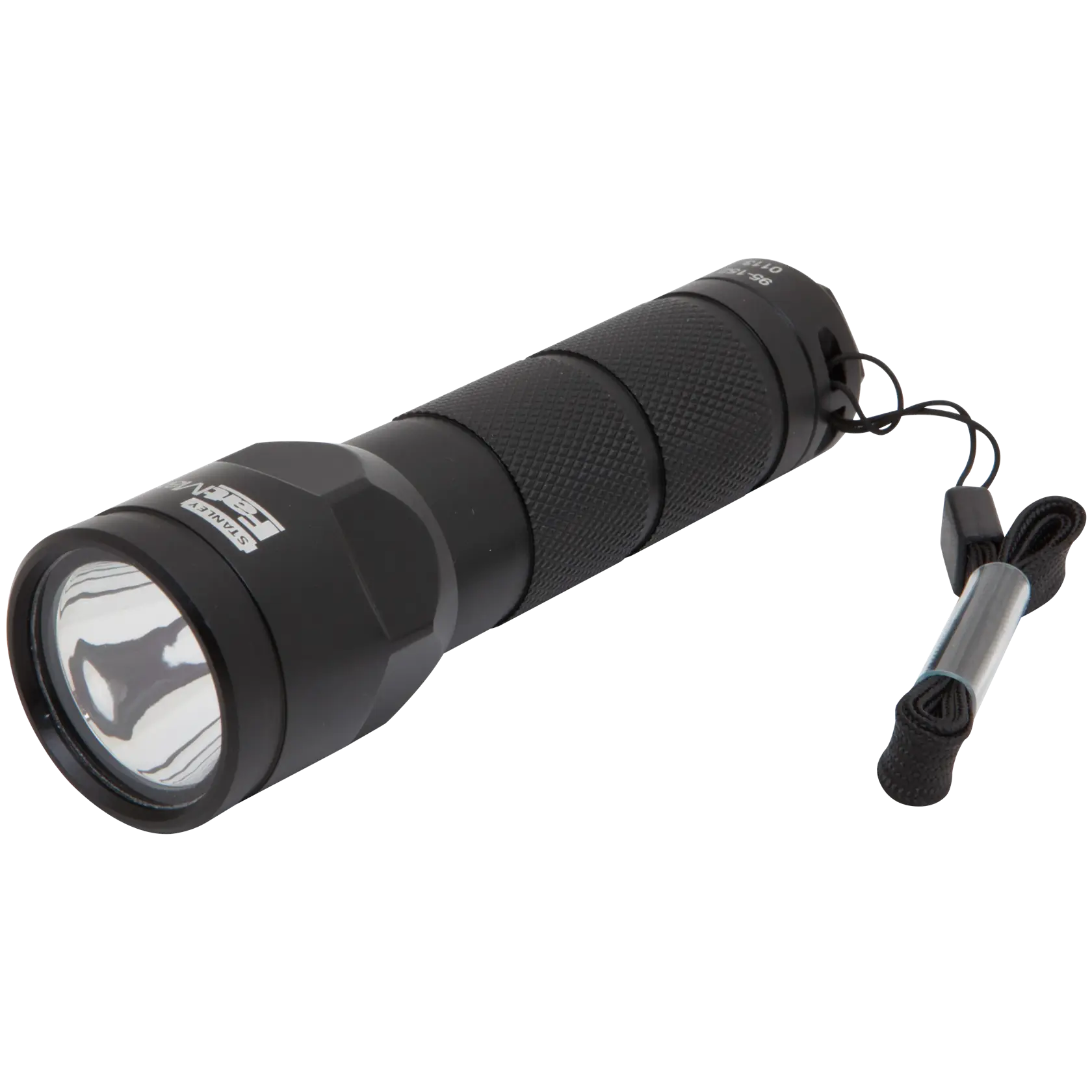 Stanley schwarze Taschenlampe mit strukturiertem Griff und Handschlaufe, schräg auf weißem Hintergrund