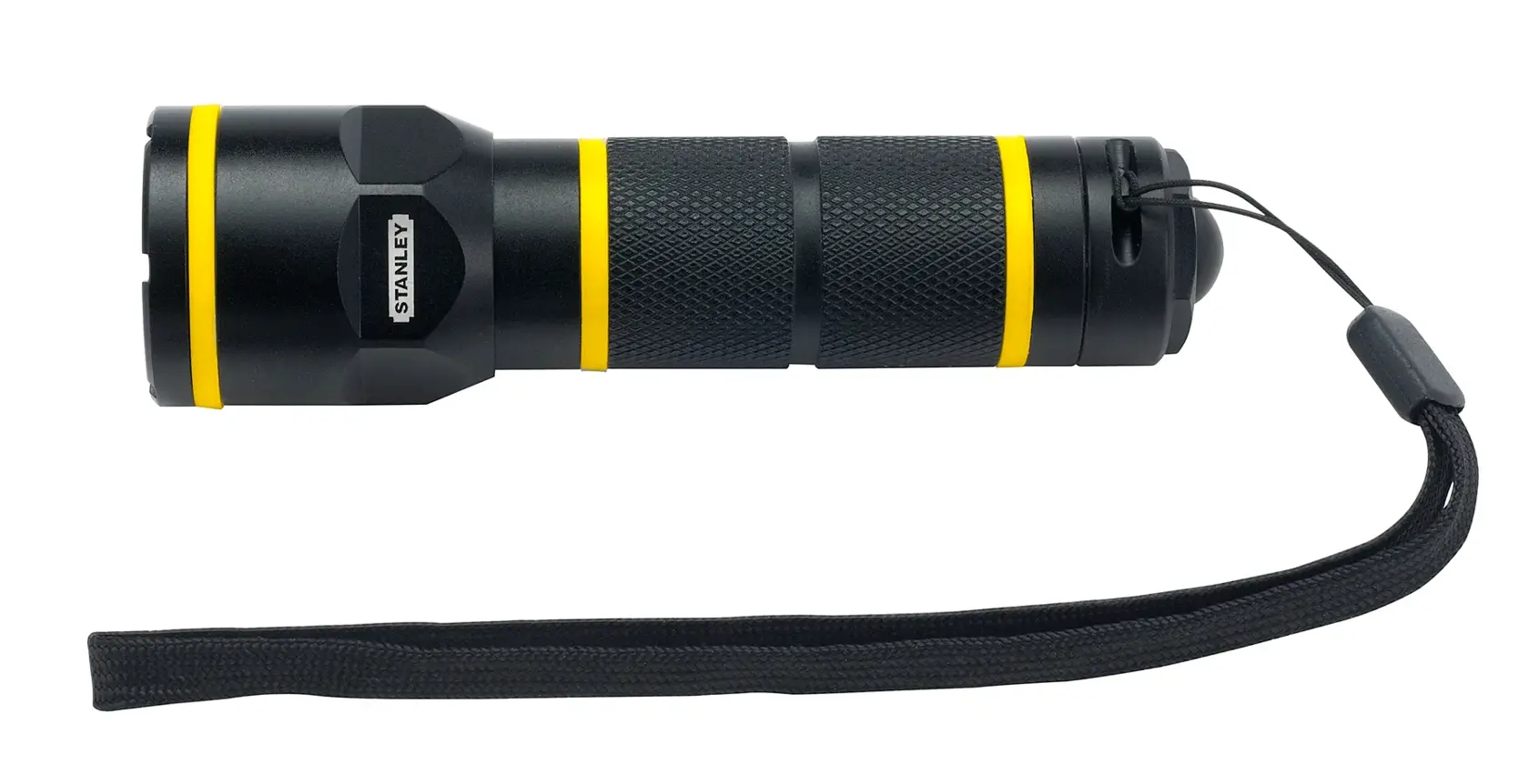 STANLEY 1-95-152 schwarze und gelbe Taschenlampe mit Handgelenkschlaufe, Seitenansicht, auf weißem Hintergrund.