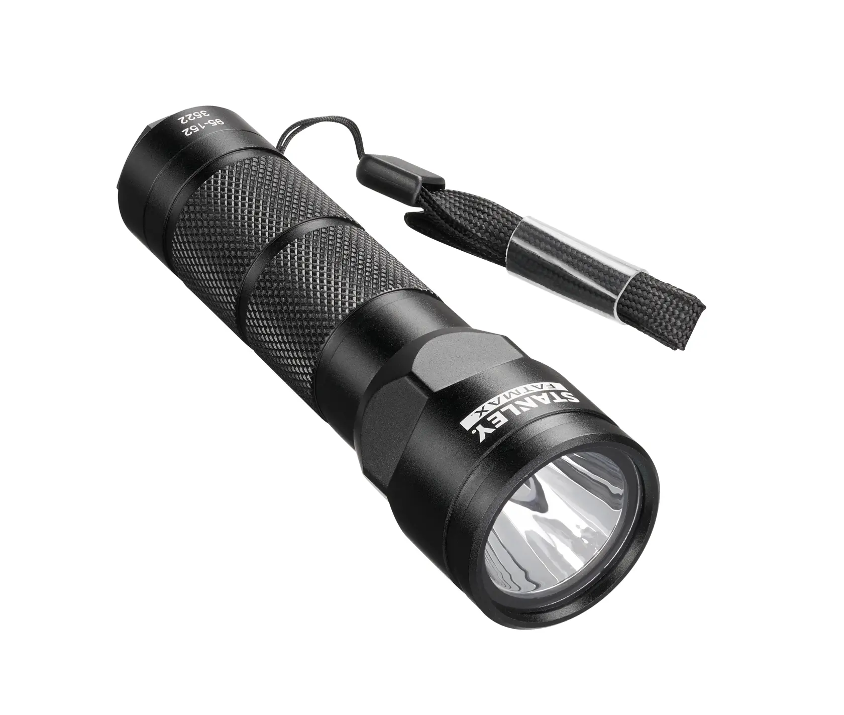 STANLEY 1-95-152 schwarze Metalltaschenlampe mit strukturiertem Griff und Handschlaufe, Frontansicht auf weißem Hintergrund.