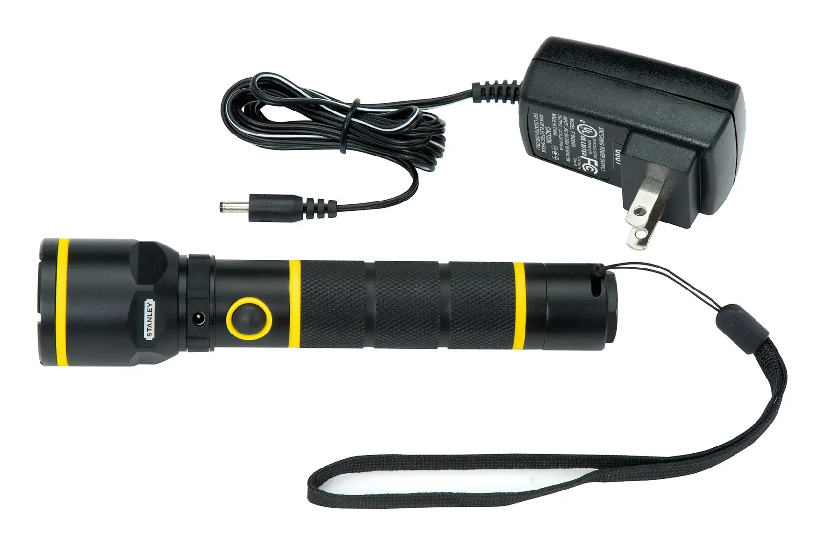 STANLEY 1-95-154 schwarz-gelbe Taschenlampe mit Handschlaufe und Ladegerät, Aufsicht auf weißem Hintergrund.