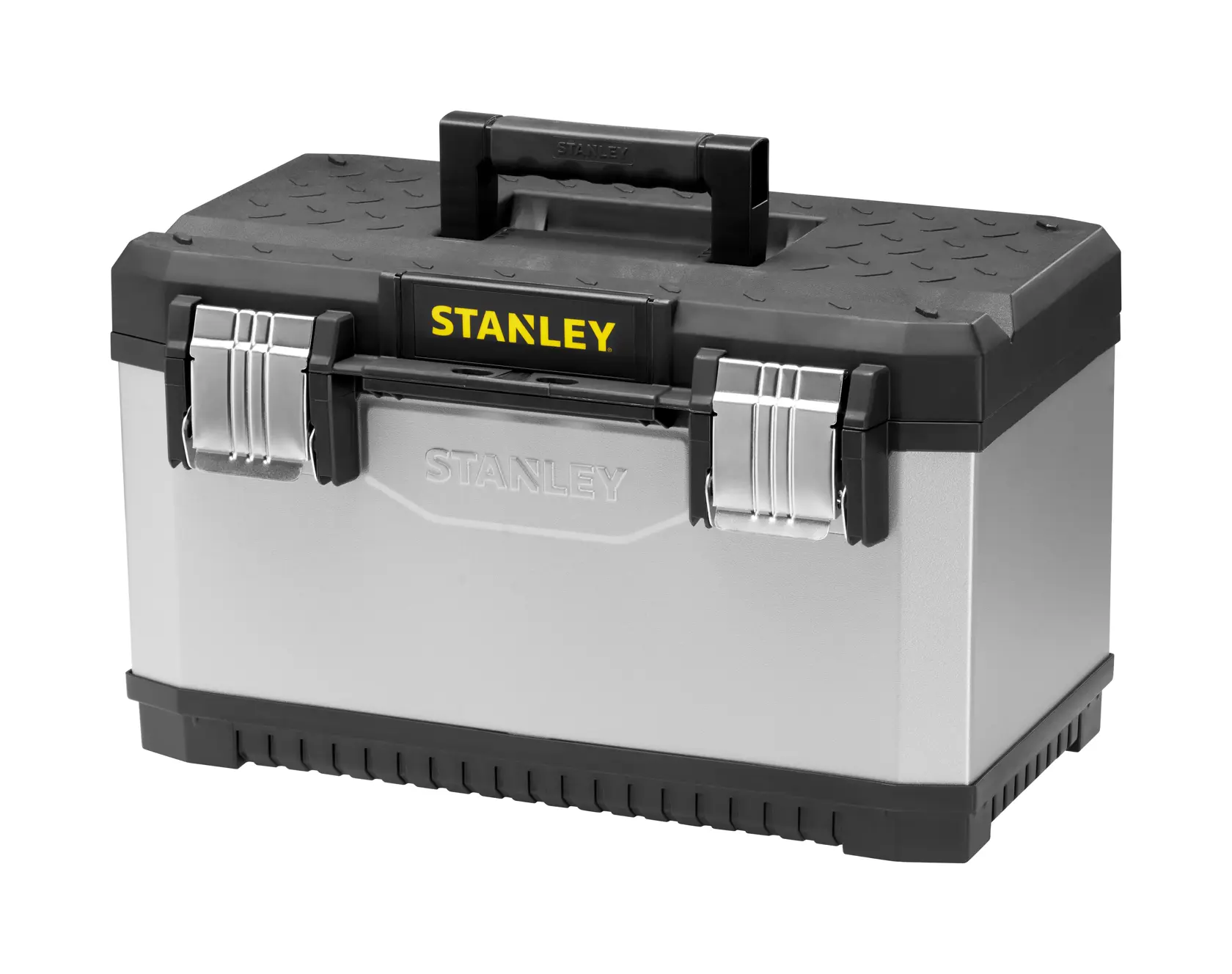 Stanley Werkzeugkasten aus Metall und Kunststoff mit schwarzem Deckel, silbernem Körper und zwei Verschlüssen.