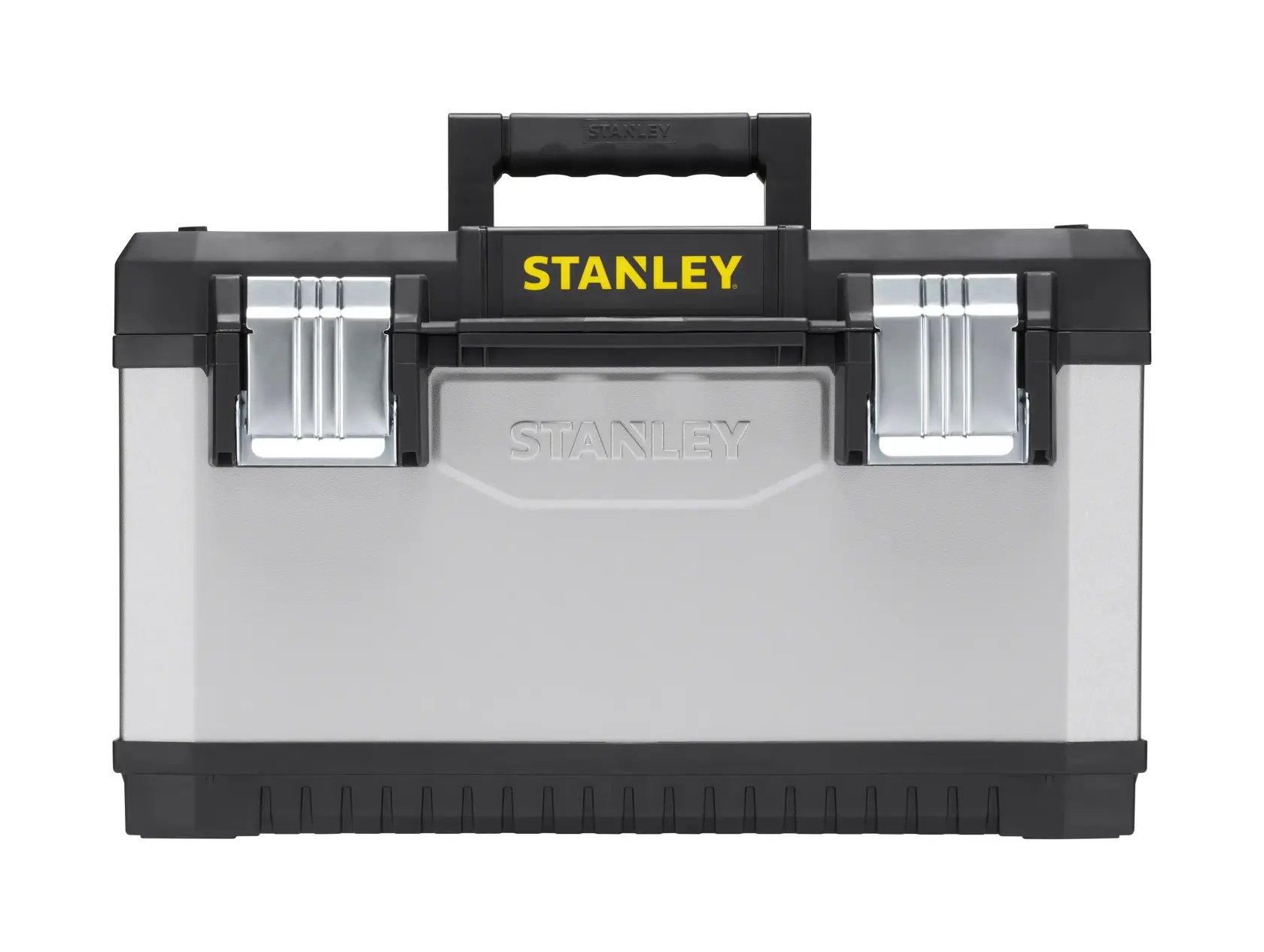 Stanley Metall-Werkzeugkiste mit schwarzem Griff und silbernen Verschlüssen, Vorderansicht.