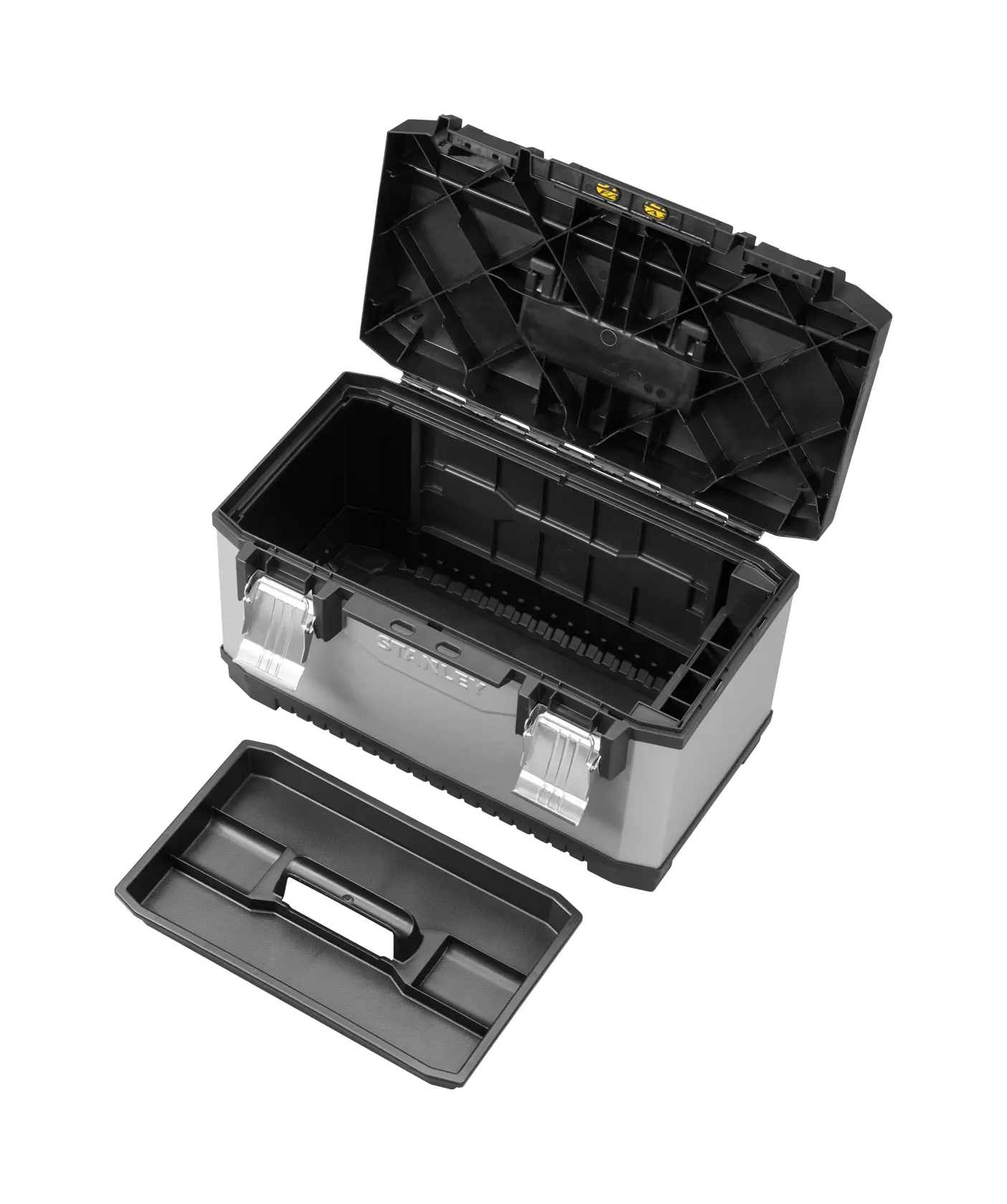 Offene STANLEY Werkzeugbox mit Einsatz, schwarz-silber, zeigt Innenfächer und Verschlüsse.