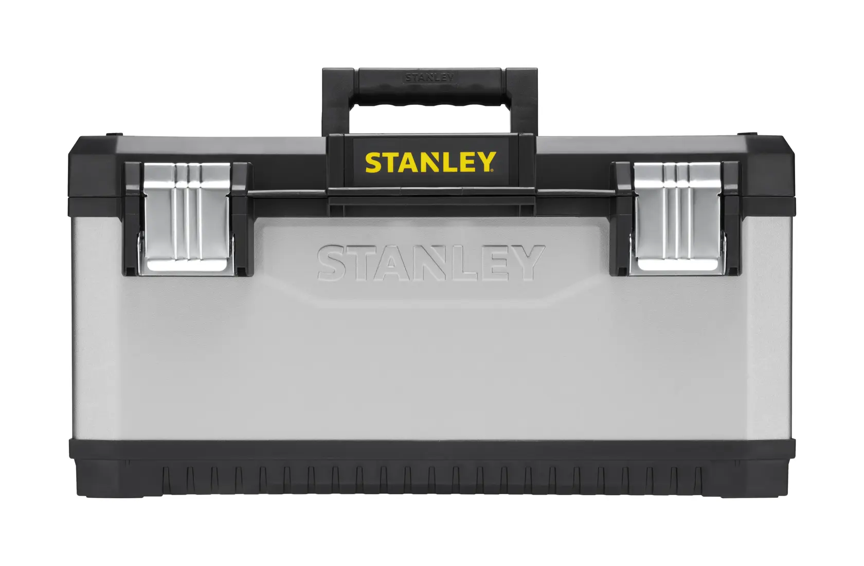 STANLEY 1-95-616 Werkzeugkasten Vorderansicht, silberner Körper mit schwarzem und gelbem Griff, zwei Metallschließen.