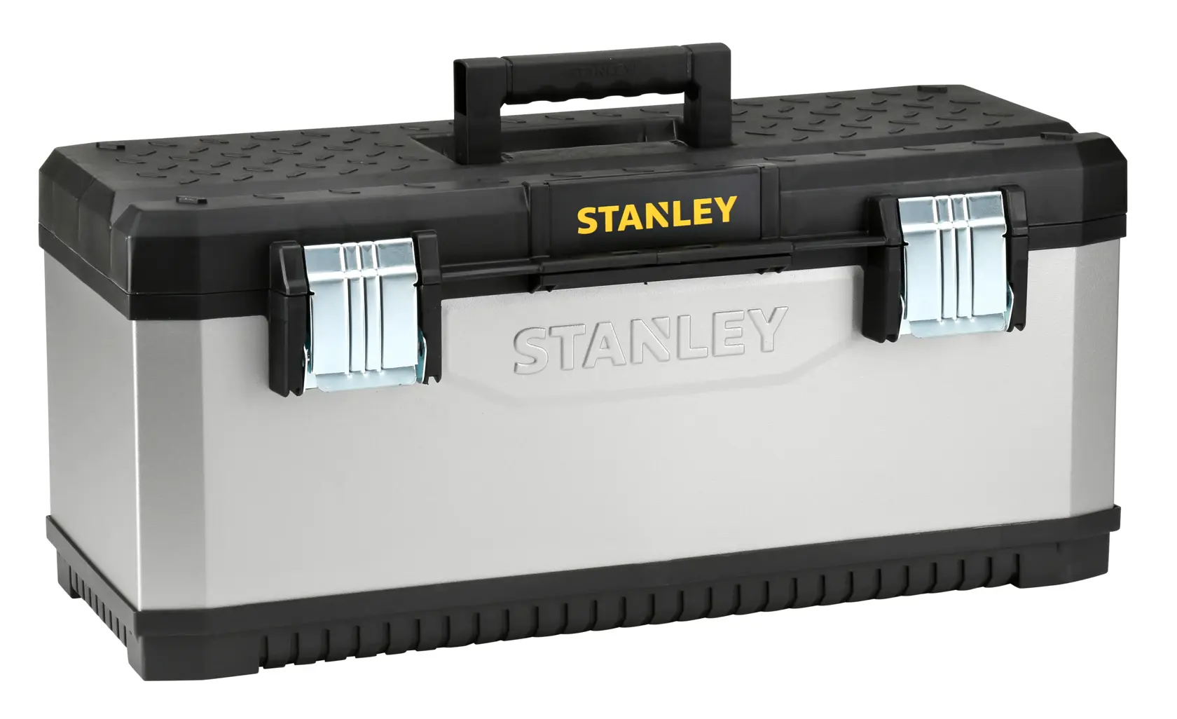 STANLEY 1-95-617 FATMAX silberne und schwarze Werkzeugbox mit Metallverschlüssen, schräg fotografiert auf weißem Hintergrund.