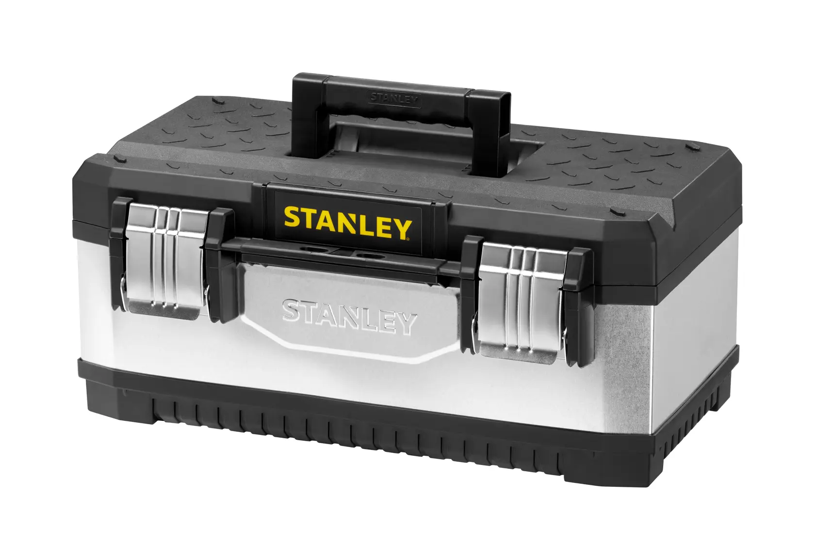 STANLEY 1-95-618 Werkzeugkasten, silber und schwarz, Frontansicht, Metallverschlüsse, robuster Kunststoffgriff.