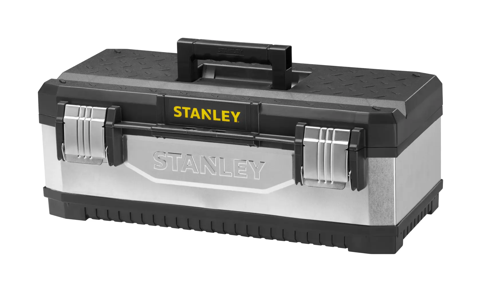 STANLEY 1-95-619 Werkzeugkasten aus Metall und Kunststoff, Vorderansicht, mit schwarzem Griff und zwei Metallschließen.