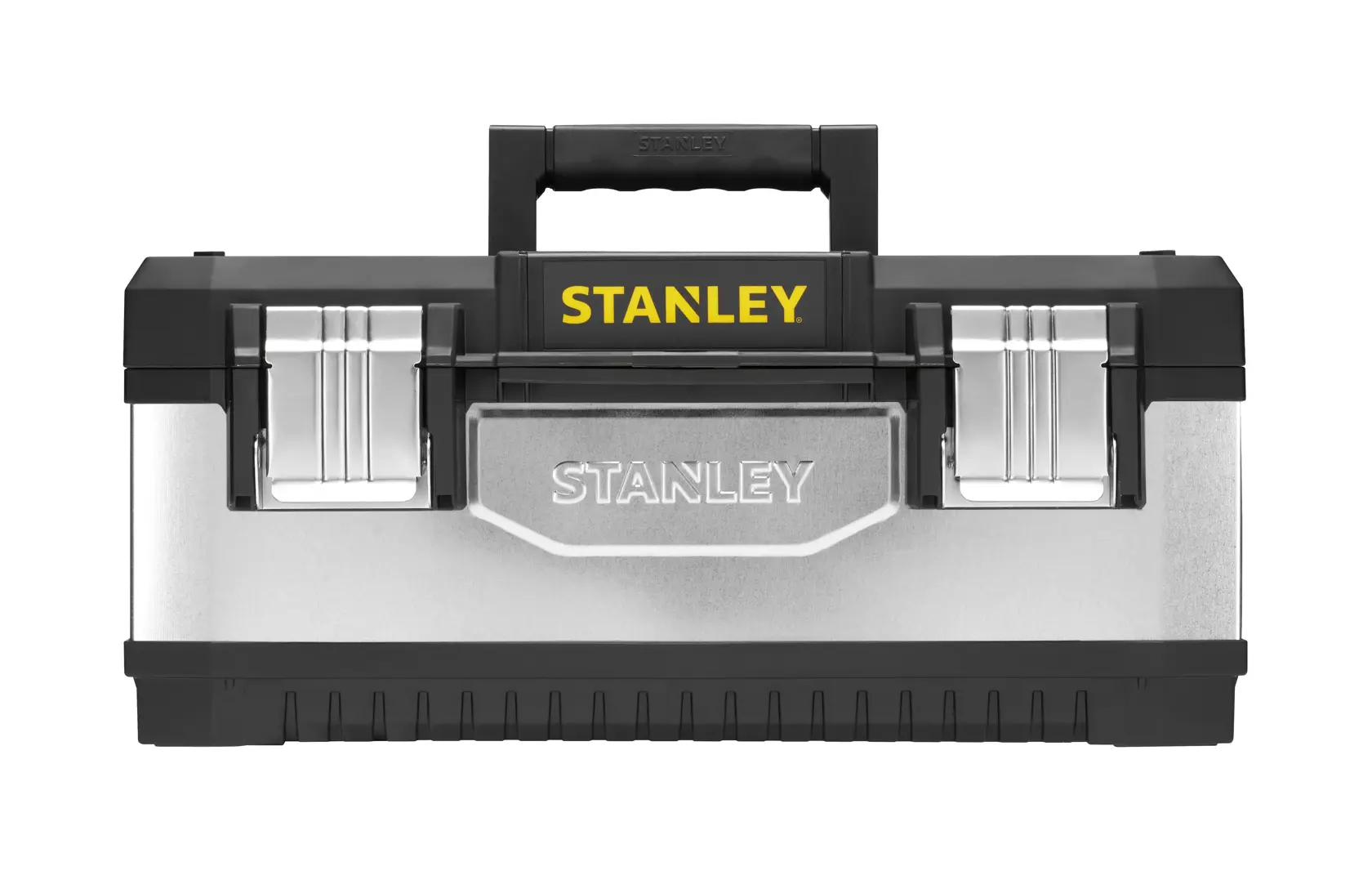 Foto des STANLEY 1-95-619 Metall-Werkzeugkastens, Vorderansicht, mit schwarzem Griff und silbernen Verschlüssen.