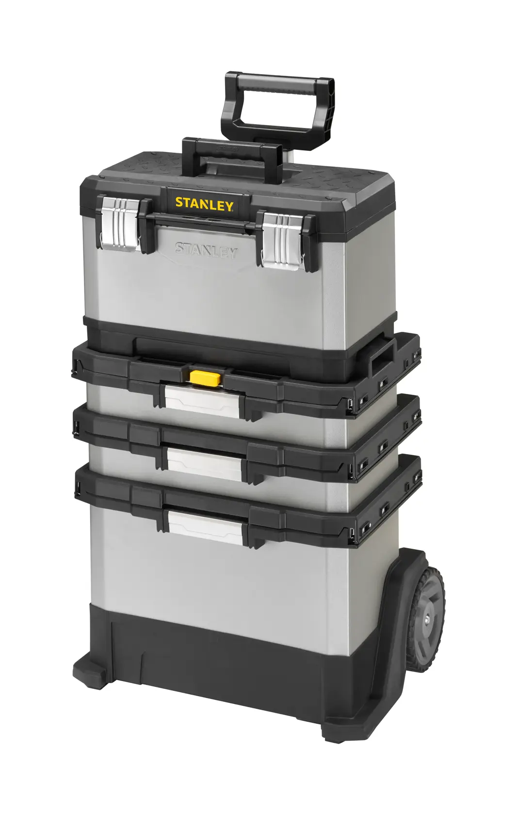 STANLEY 1-95-622 rollbarer Metall-Werkzeugkasten mit vier Fächern, schwarz und silber, Frontansicht.