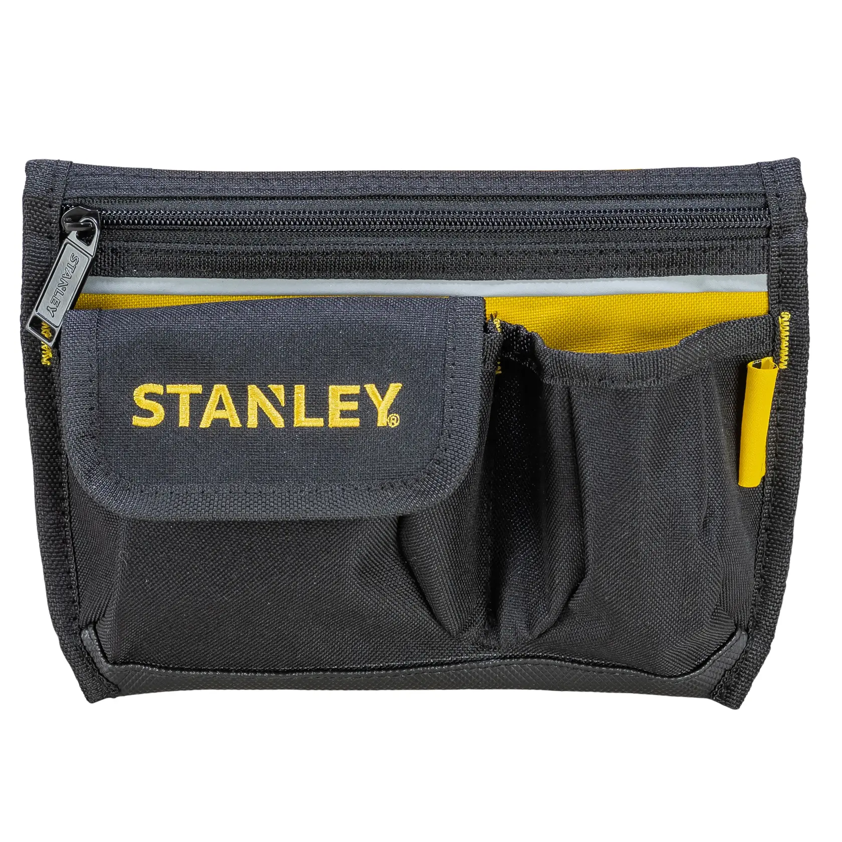 STANLEY 1-96-179 schwarze Stoff-Werkzeugtasche mit mehreren Taschen, Vorderansicht, gelbe Akzente.