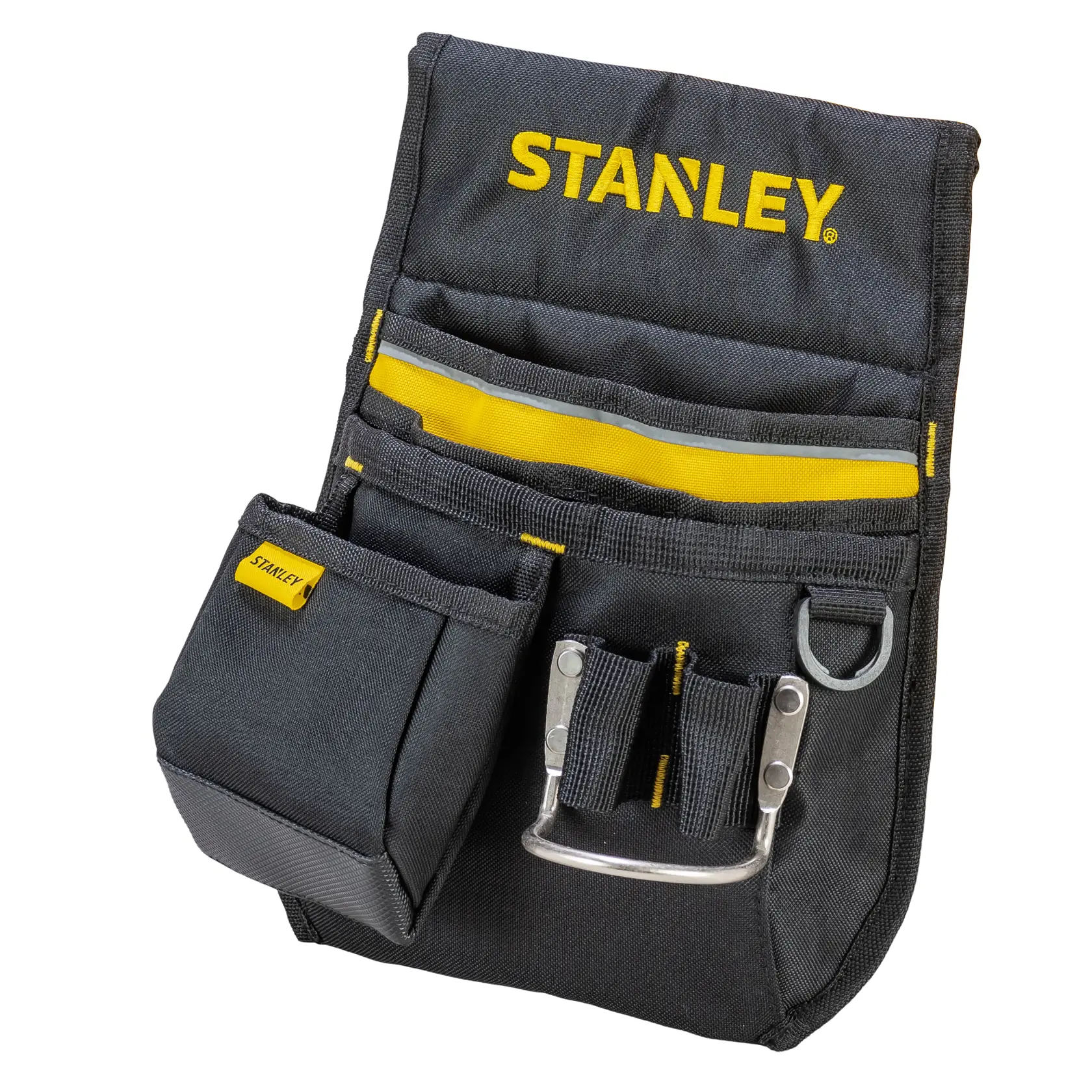 Foto von STANLEY 1-96-181 schwarzer Werkzeugtasche mit gelben Akzenten, Frontansicht, mehrere Taschen und Schlaufen.