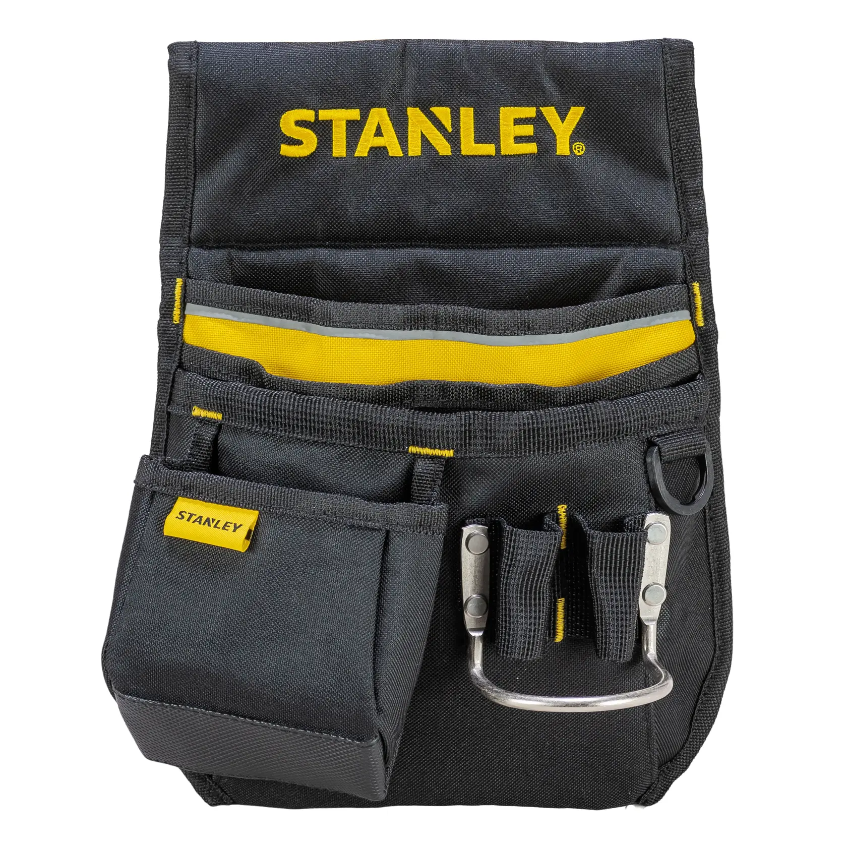 STANLEY 1-96-181 schwarze Werkzeugtasche mit mehreren Fächern und Metallhalter, Vorderansicht vor weißem Hintergrund.