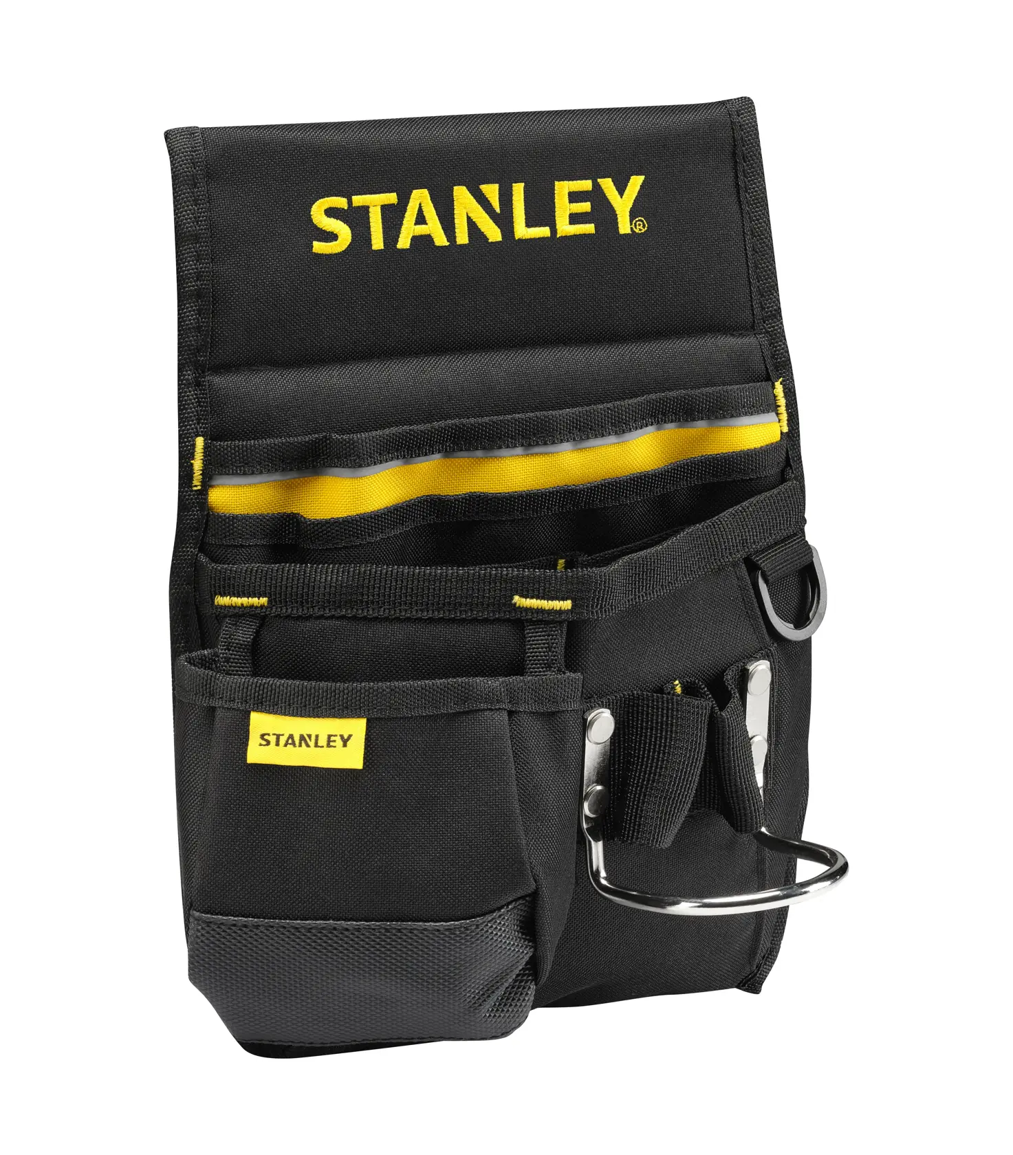 Foto von STANLEY 1-96-181 schwarze Werkzeugtasche mit mehreren Fächern, Vorderansicht auf weißem Hintergrund.
