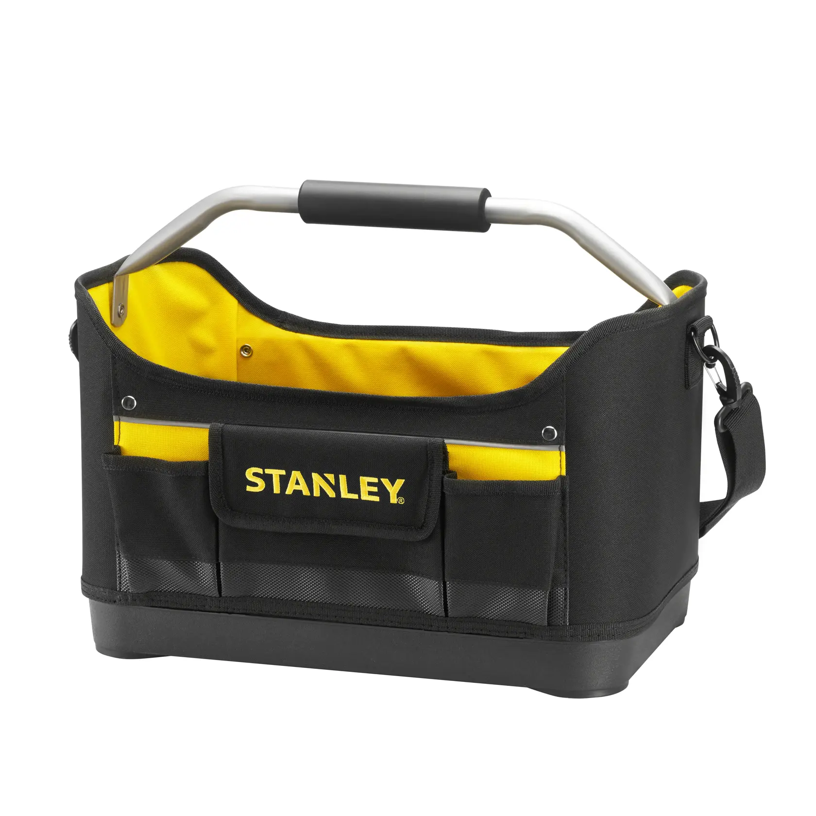 STANLEY 1-96-182 Werkzeugtasche aus schwarzem und gelbem Stoff, offene Oberseite, mehrere Außentaschen und Metallgriff, Frontansicht.
