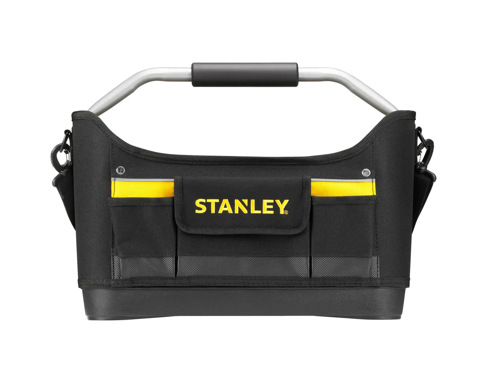 STANLEY 1-96-182 offene schwarze und gelbe Werkzeugtasche mit Griff, von vorn auf weißem Hintergrund fotografiert.