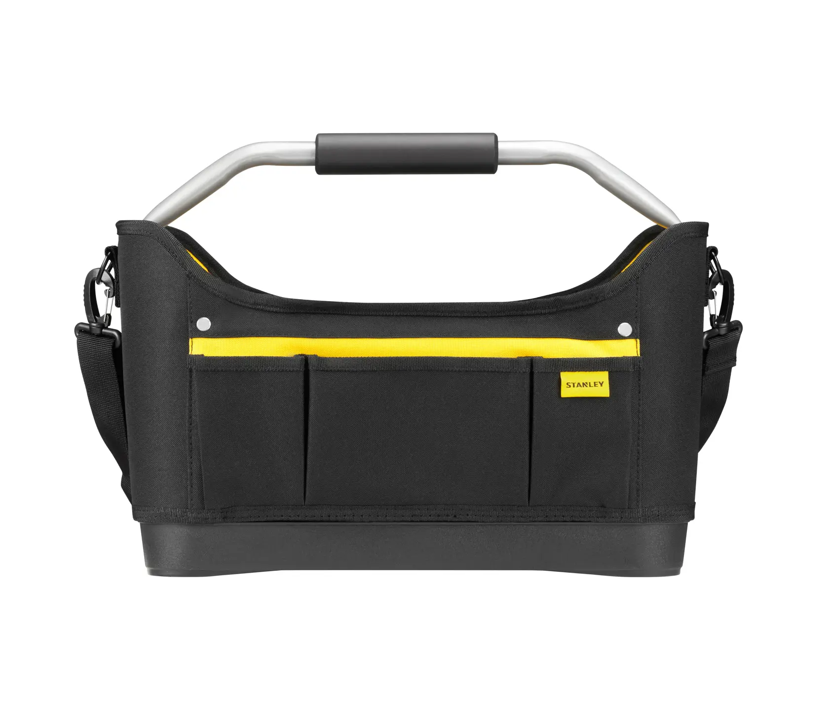 STANLEY 1-96-182 offene Werkzeugtasche aus schwarzem Stoff mit gelbem Akzent, Metallgriff und Fronttaschen, Vorderansicht.