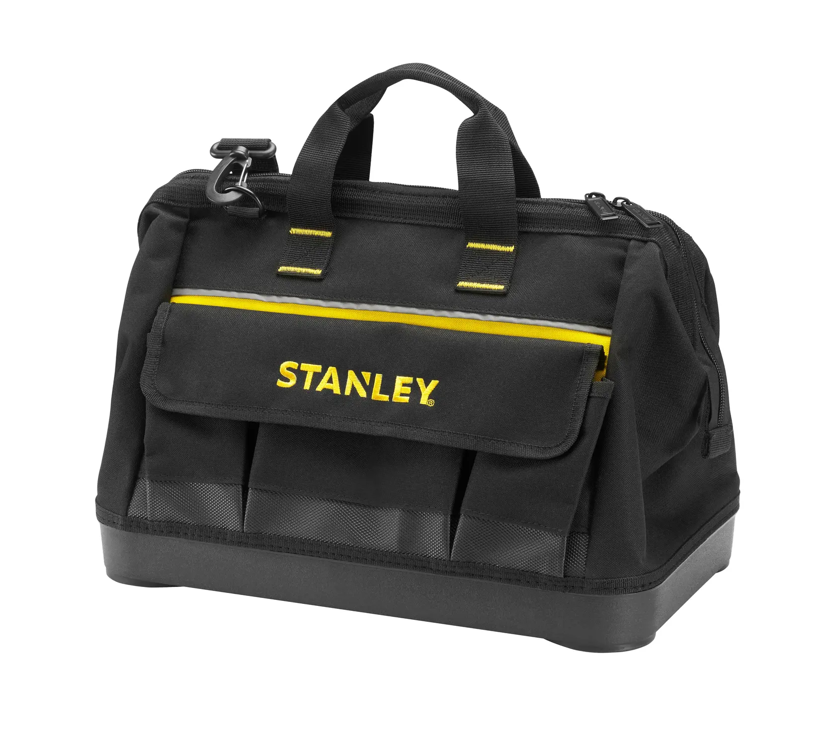 STANLEY 1-96-183 schwarze Werkzeugtasche mit gelben Akzenten, Frontansicht auf weiß, Fotografieprodukt.