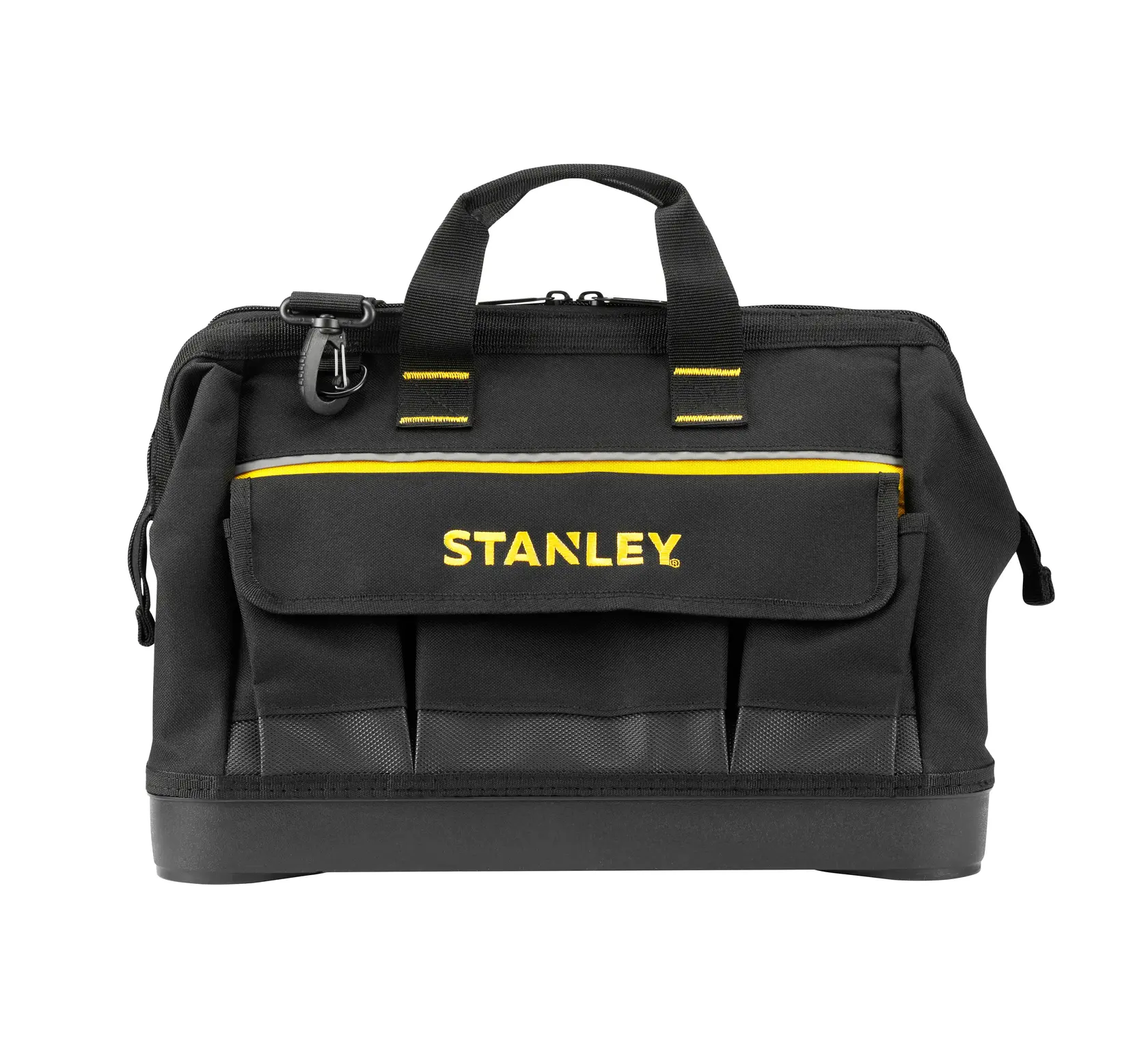 STANLEY 1-96-183 schwarze Werkzeugtasche mit gelbem Besatz, Fronttasche und Griffen, frontale Fotografie.