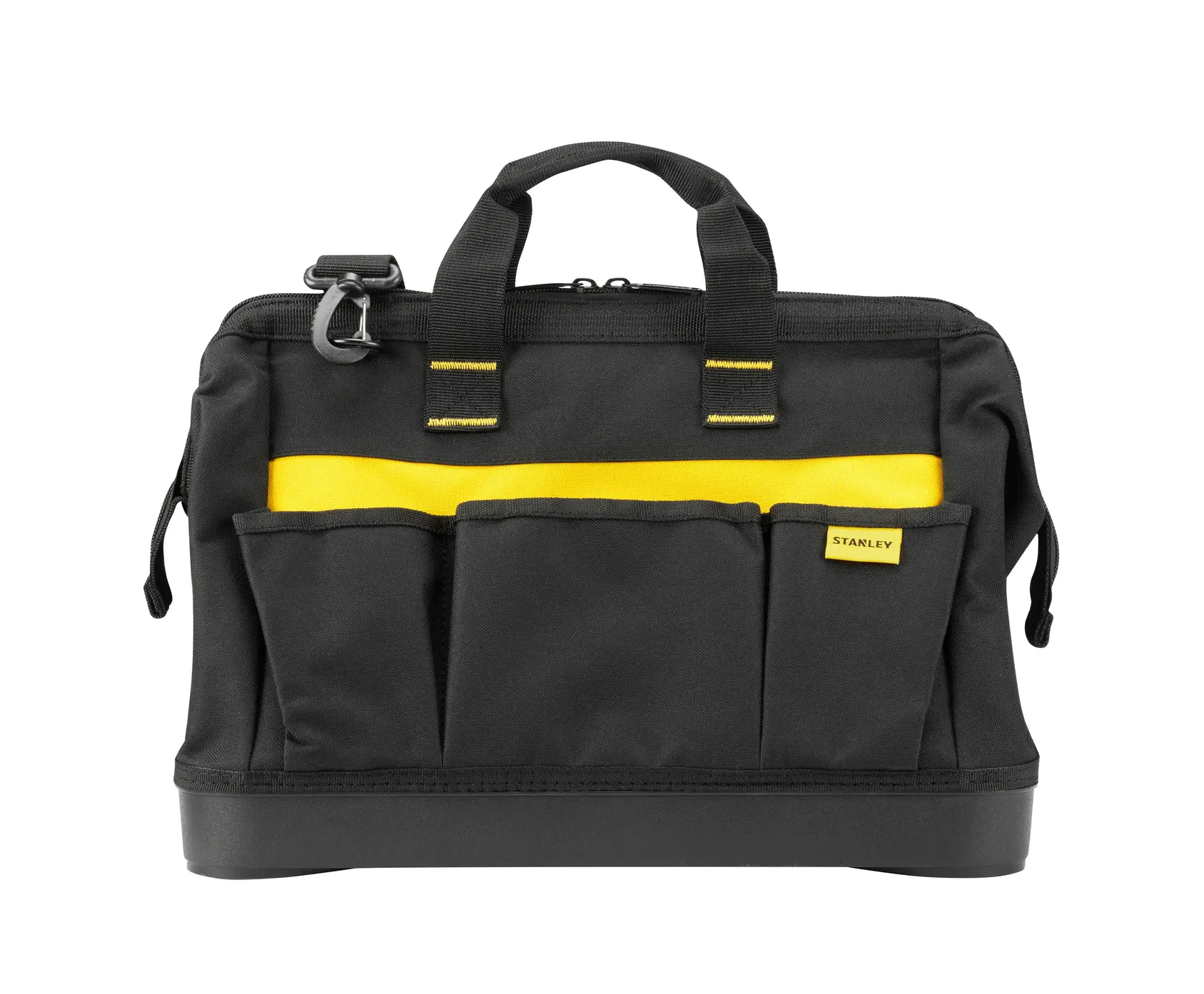 STANLEY 1-96-183 Werkzeugtasche, schwarz mit gelben Akzenten, drei Fronttaschen, Vorderansicht auf Weiß.