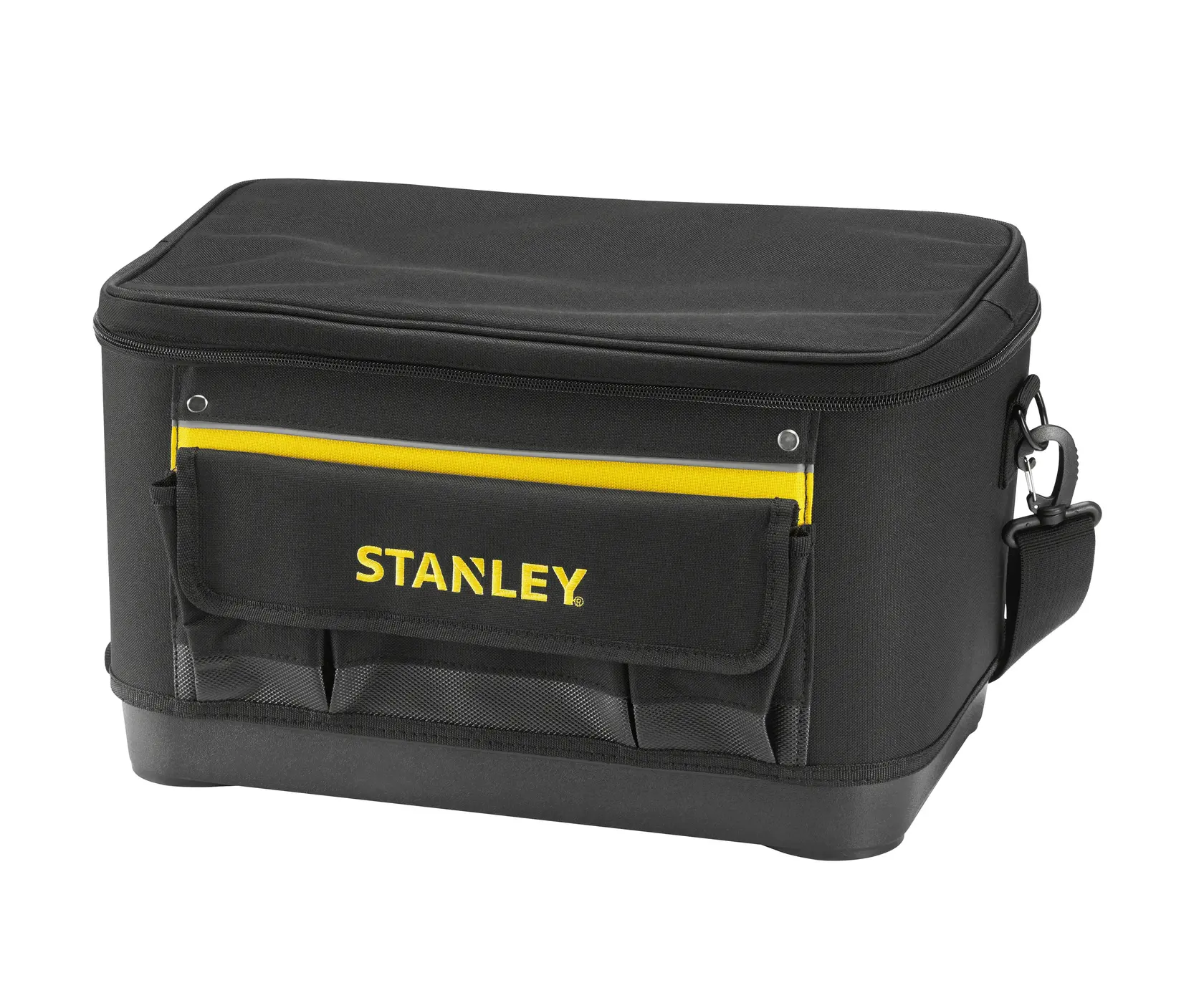 STANLEY 1-96-193 schwarze Werkzeugtasche mit gelben Akzenten, Fronttasche und Schultergurt, Frontansicht.