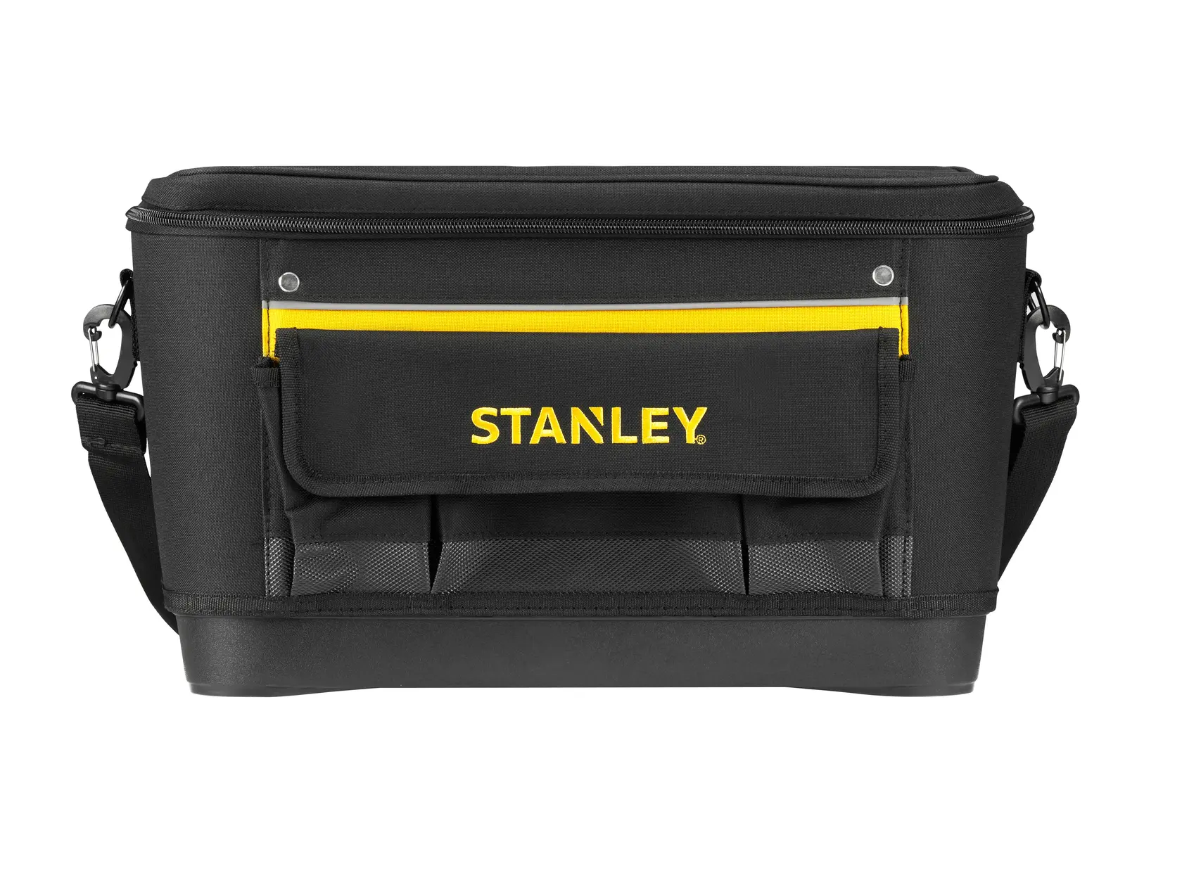 STANLEY 1-96-193 Werkzeugtasche, schwarzer Stoff, gelbe Akzente, Vorderansicht, Schultergurt.