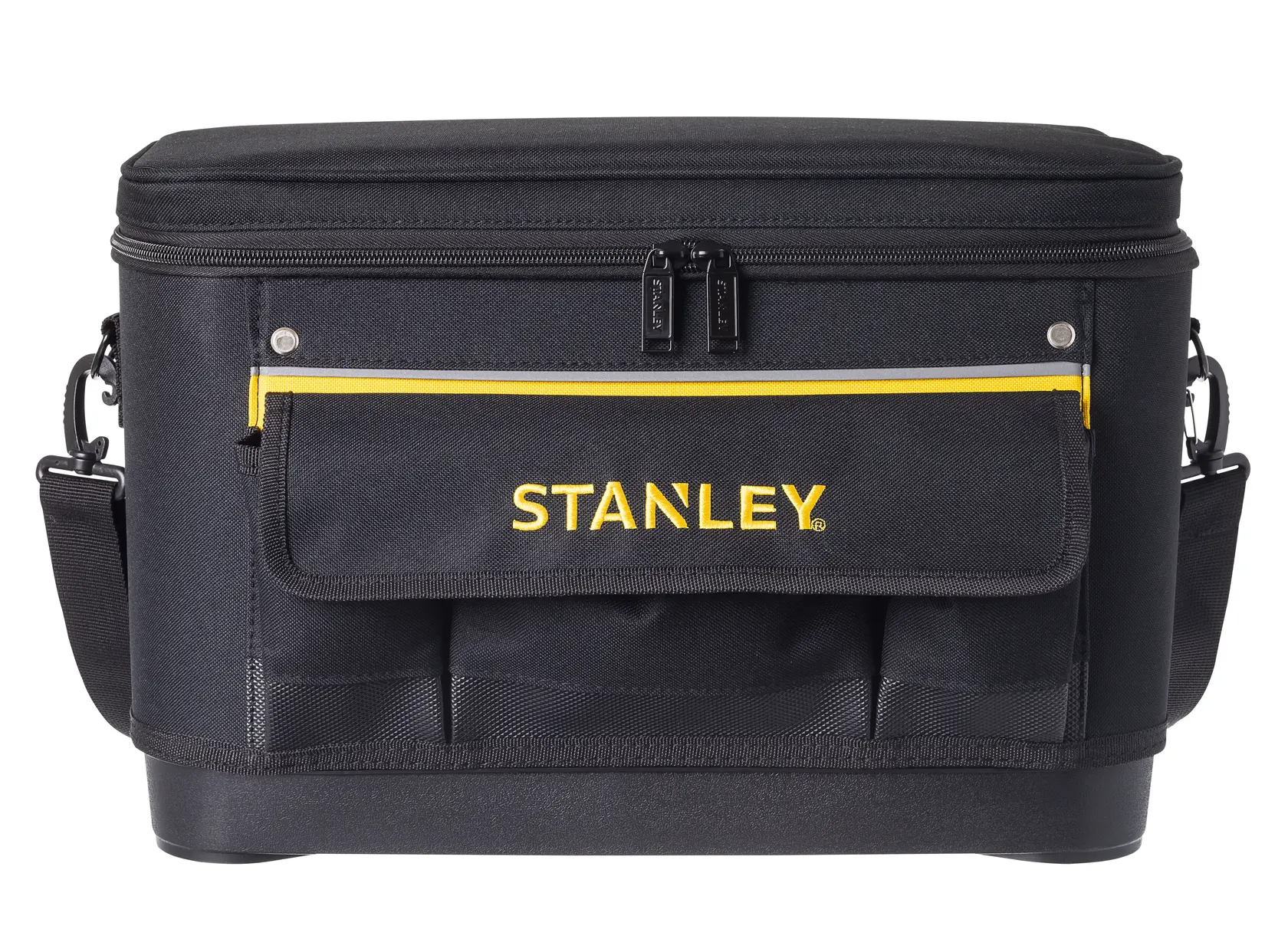 STANLEY 1-96-193 schwarze Werkzeugtasche mit Fronttaschen, gelbem Streifen und Schultergurt, Frontalansicht.