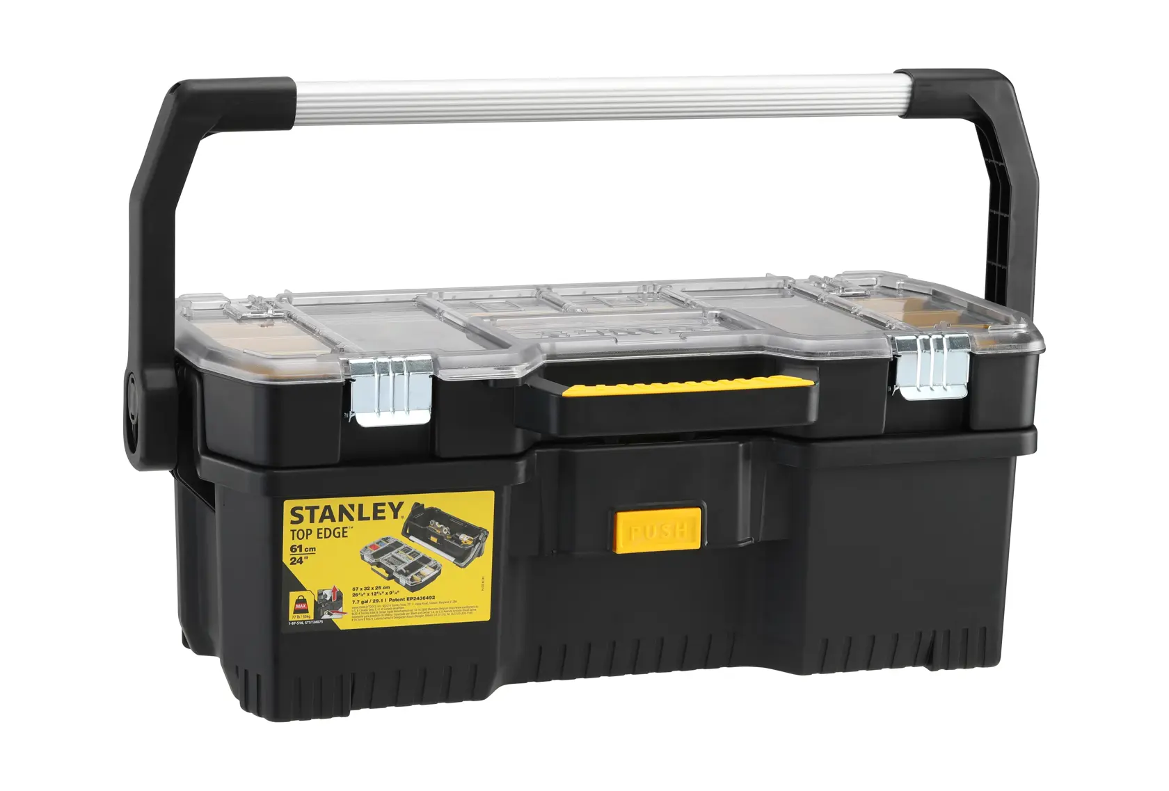STANLEY SKU 1-97-514 schwarze Werkzeugbox mit transparenten Deckelfächern, Metallverschlüssen und großem Tragegriff, Frontansicht.