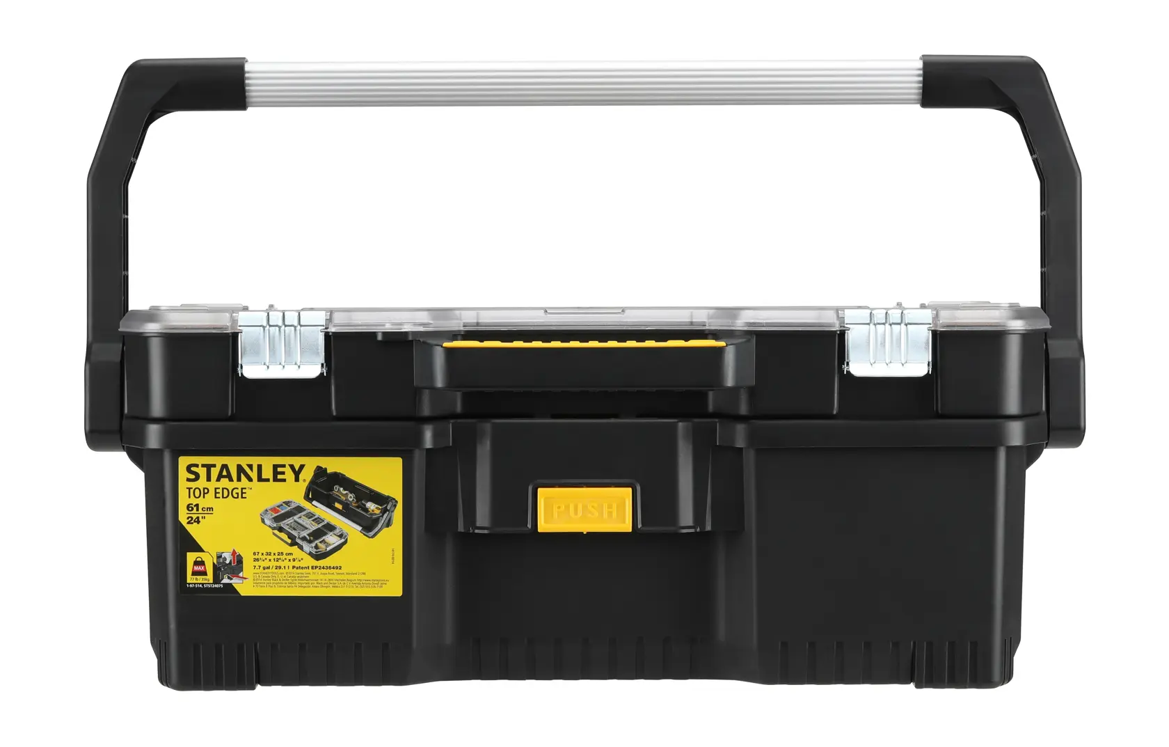STANLEY 1-97-514 schwarze Werkzeugbox mit großem Silbergriff und gelben Akzenten, Vorderansicht auf weißem Hintergrund.