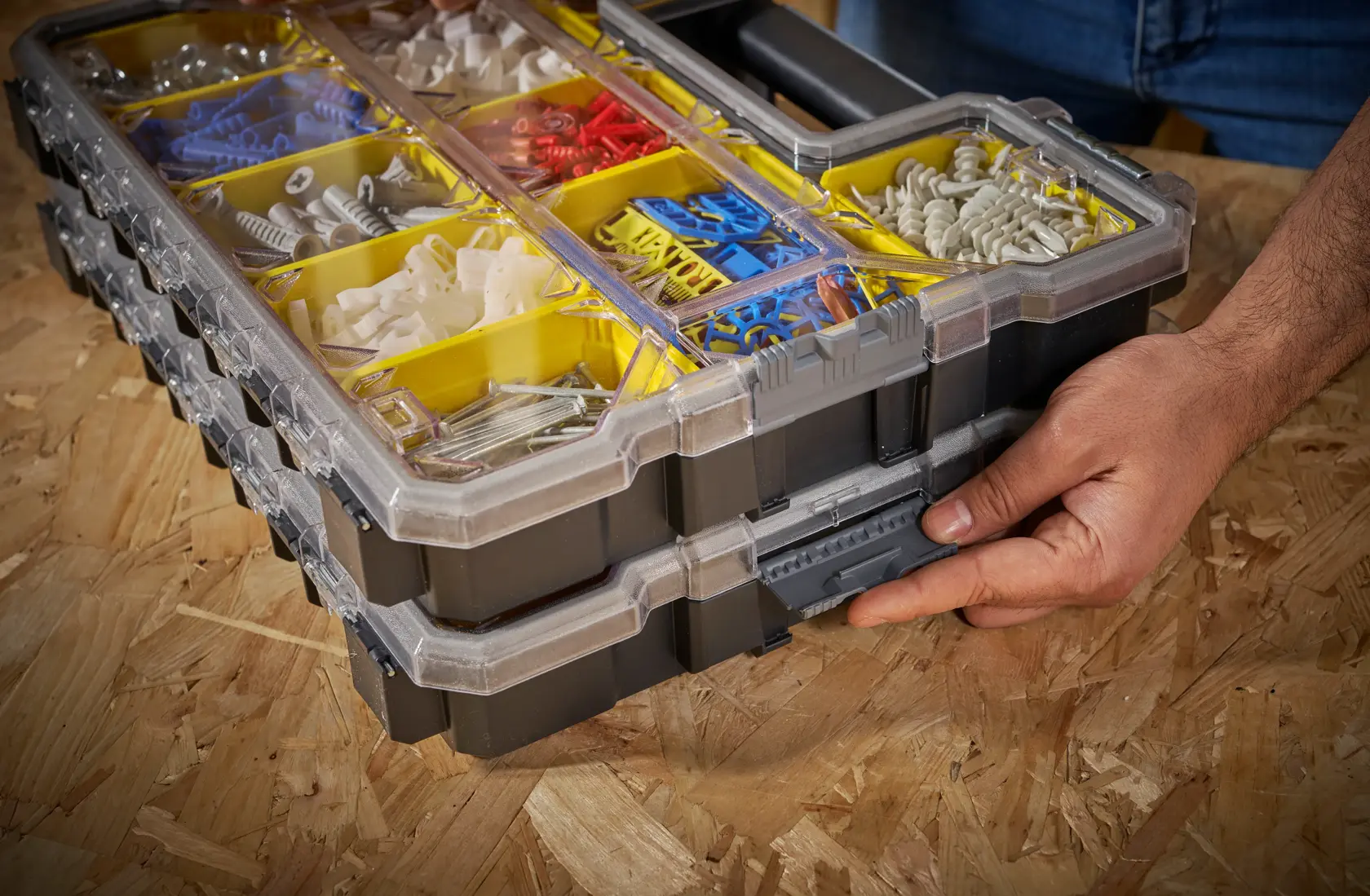 STANLEY 1-97-517 stackable organizer box photography, top view, showing compartments with assorted fasteners.