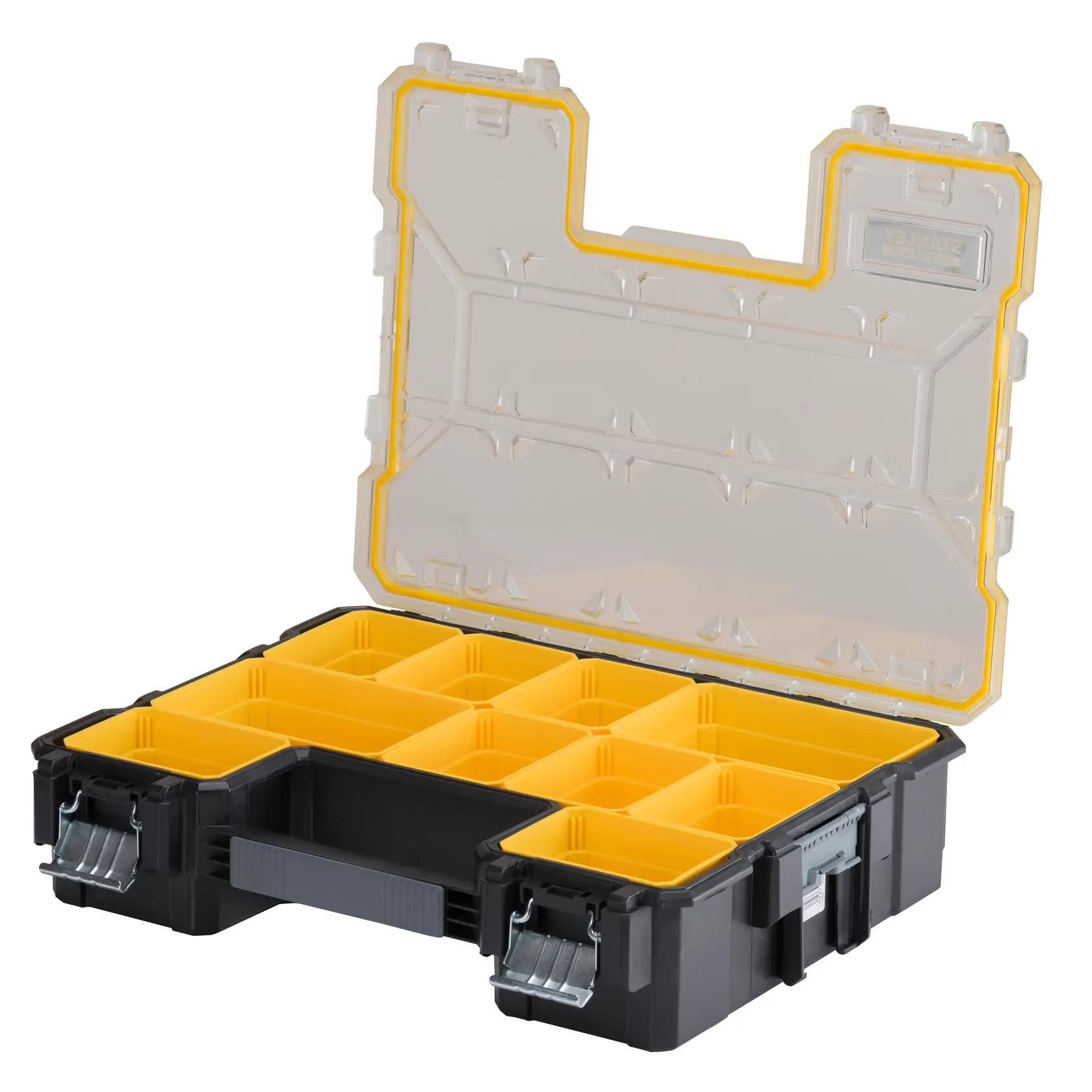 Stanley Organizerbox mit Klarsichtdeckel, gelben Fächern und Metallverschlüssen für kleine Werkzeuge.