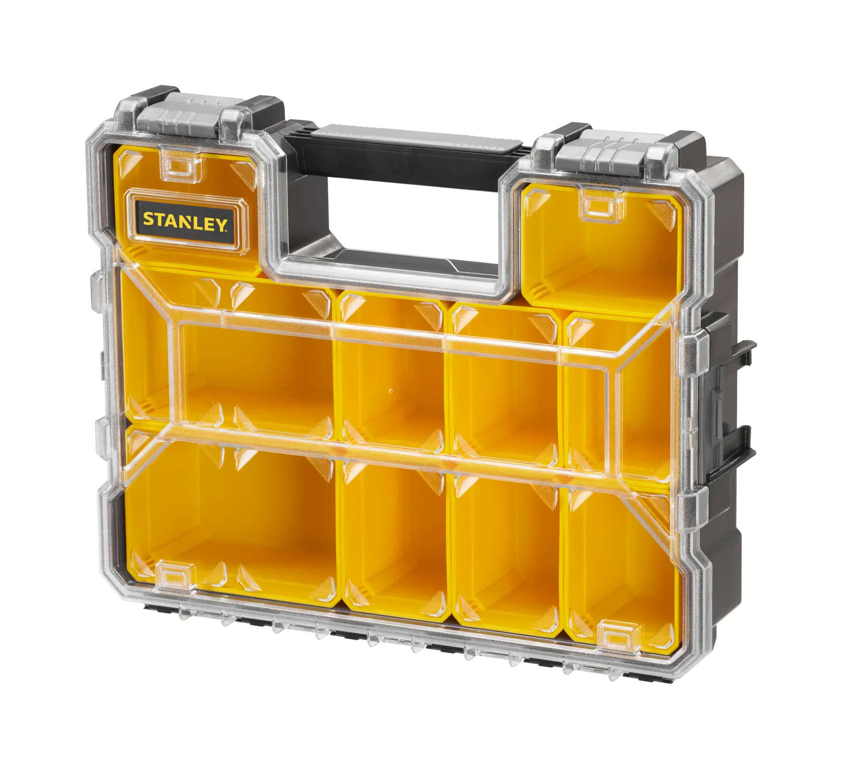 STANLEY 1-97-521 gelbe Organizerbox mit klaren Fächern und Griff, Vorderansicht.