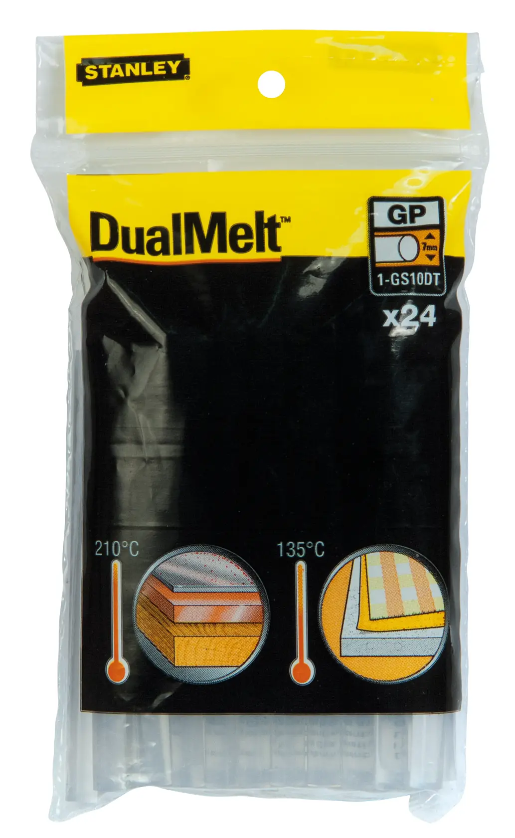 STANLEY GS10DT DualMelt Klebestifte 24er-Pack, Vorderansicht auf weißem Hintergrund.