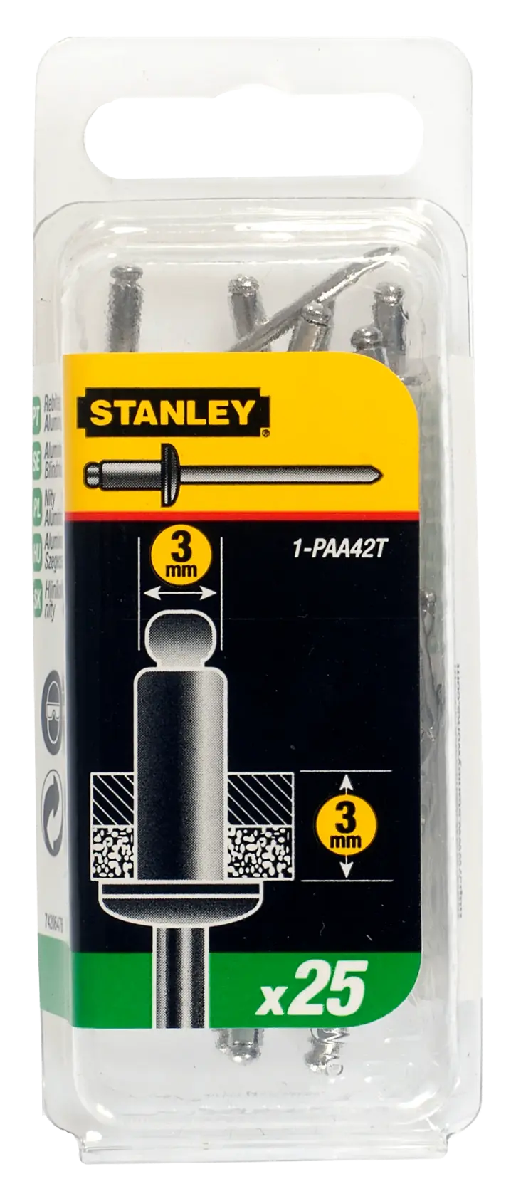 Stanley 3mm x25 Aluminium-Nieten in klarer Verpackung, Produktcode 1-PAA42T.