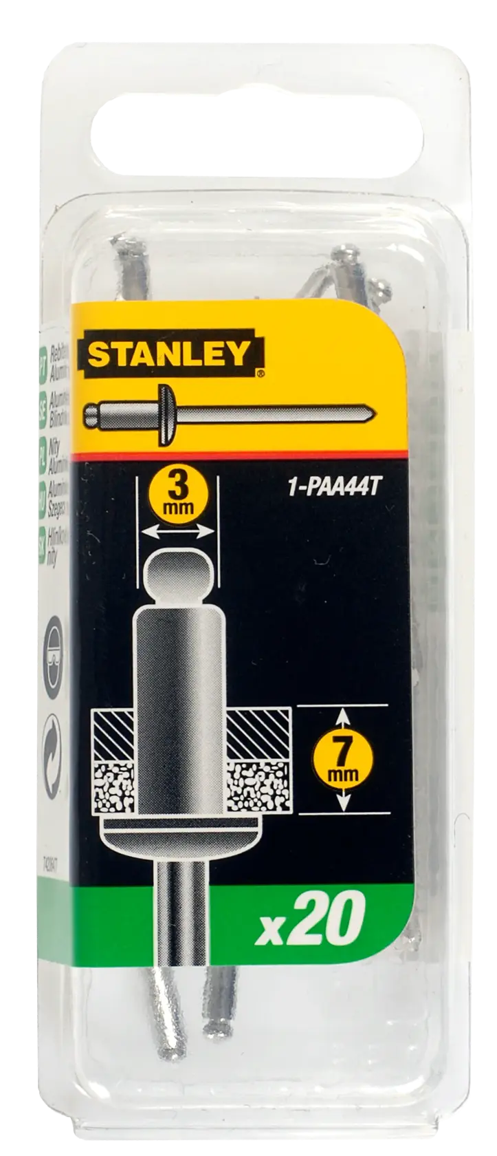 Stanley Packung mit 20 Blindnieten aus Aluminium, 3mm Durchmesser, 7mm Spannbereich, für Befestigungen.