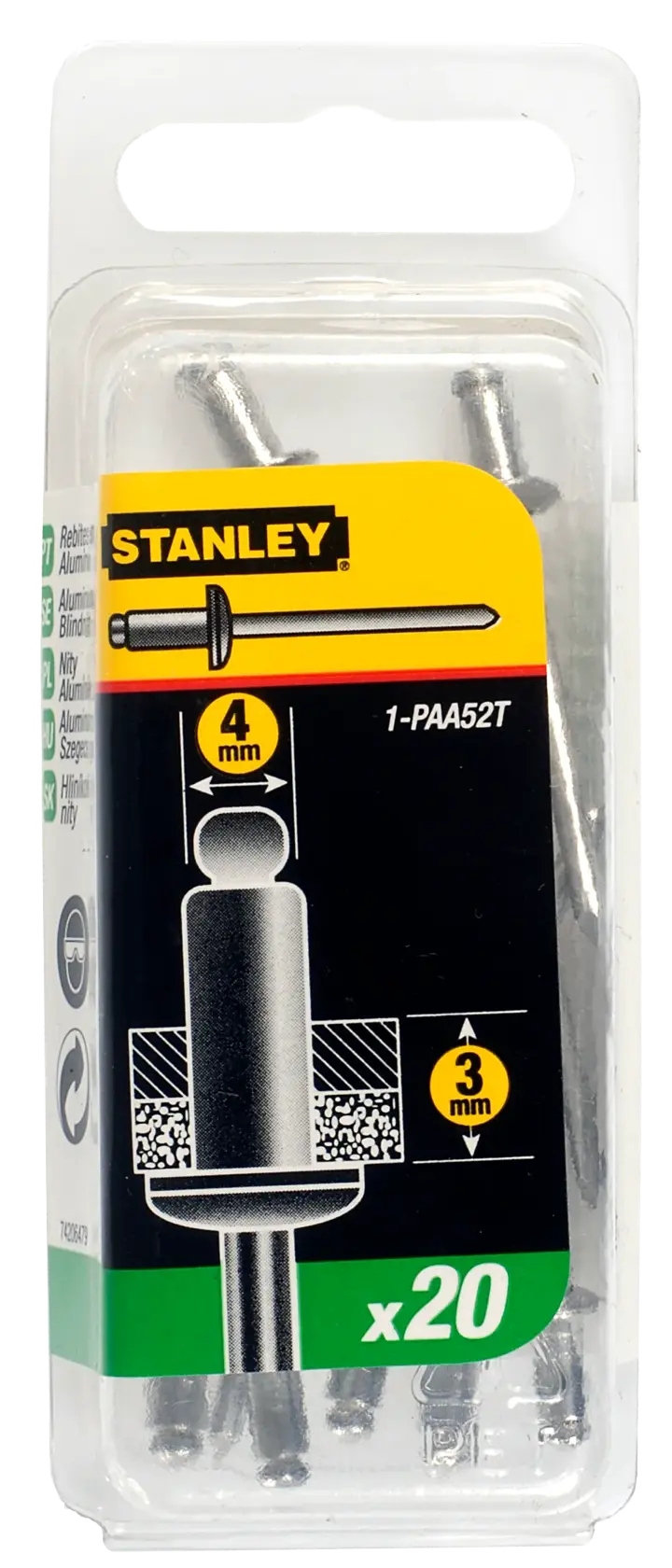 Stanley Paket mit 20 Blindniet-Aluminium, 4mm Durchmesser, Modell 1-PAA52T, in Plastikverpackung.