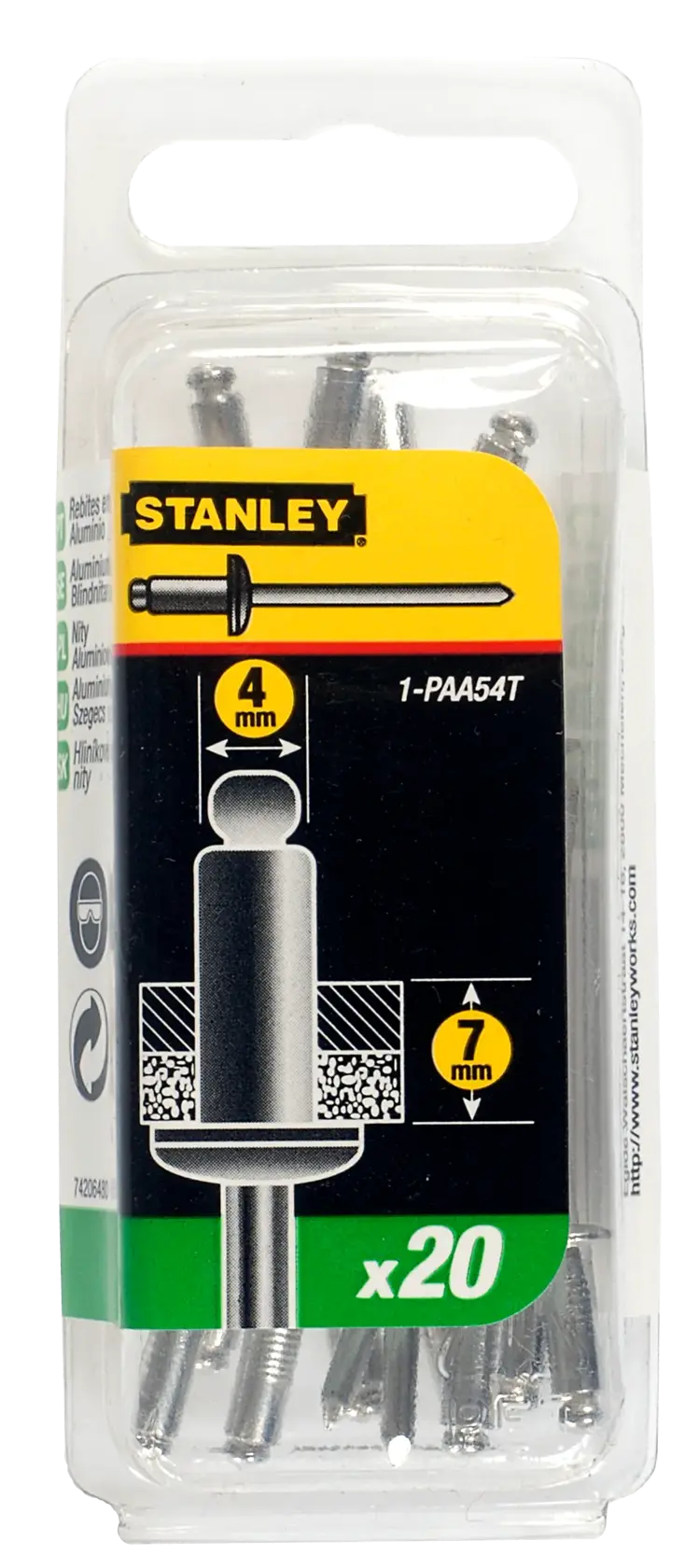 STANLEY 1-PAA54T Blindnieten aus Aluminium, 4mm x 7mm, 20er-Pack, Verpackung Vorderansicht auf weißem Hintergrund.