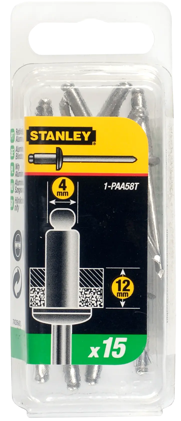 Stanley 1-PAA58T, 15 Blindnieten aus Aluminium, 4 mm Durchmesser, 12 mm Länge, in Kunststoffverpackung.
