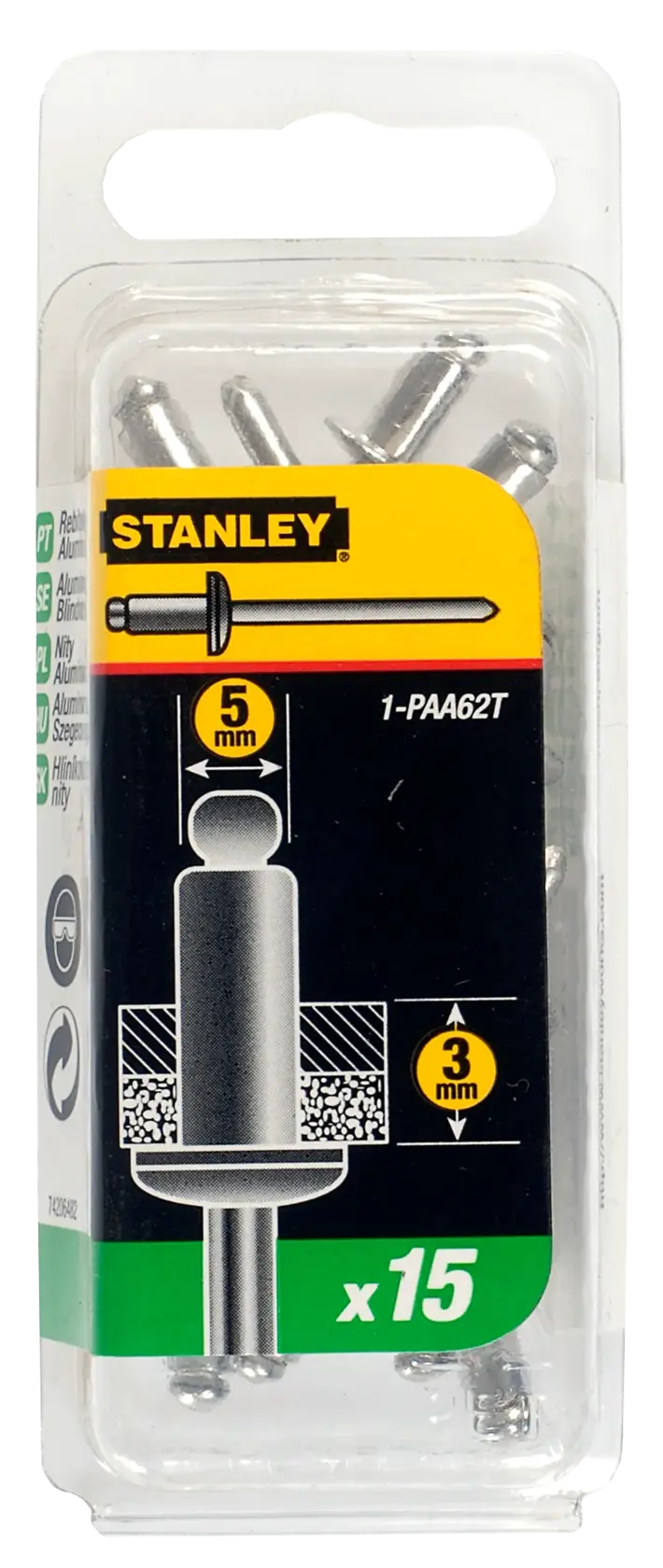 Foto von STANLEY 1-PAA62T Aluminium-Nietepack, 5mm x 3mm, 15 Stück, Vorderansicht auf weißem Hintergrund.