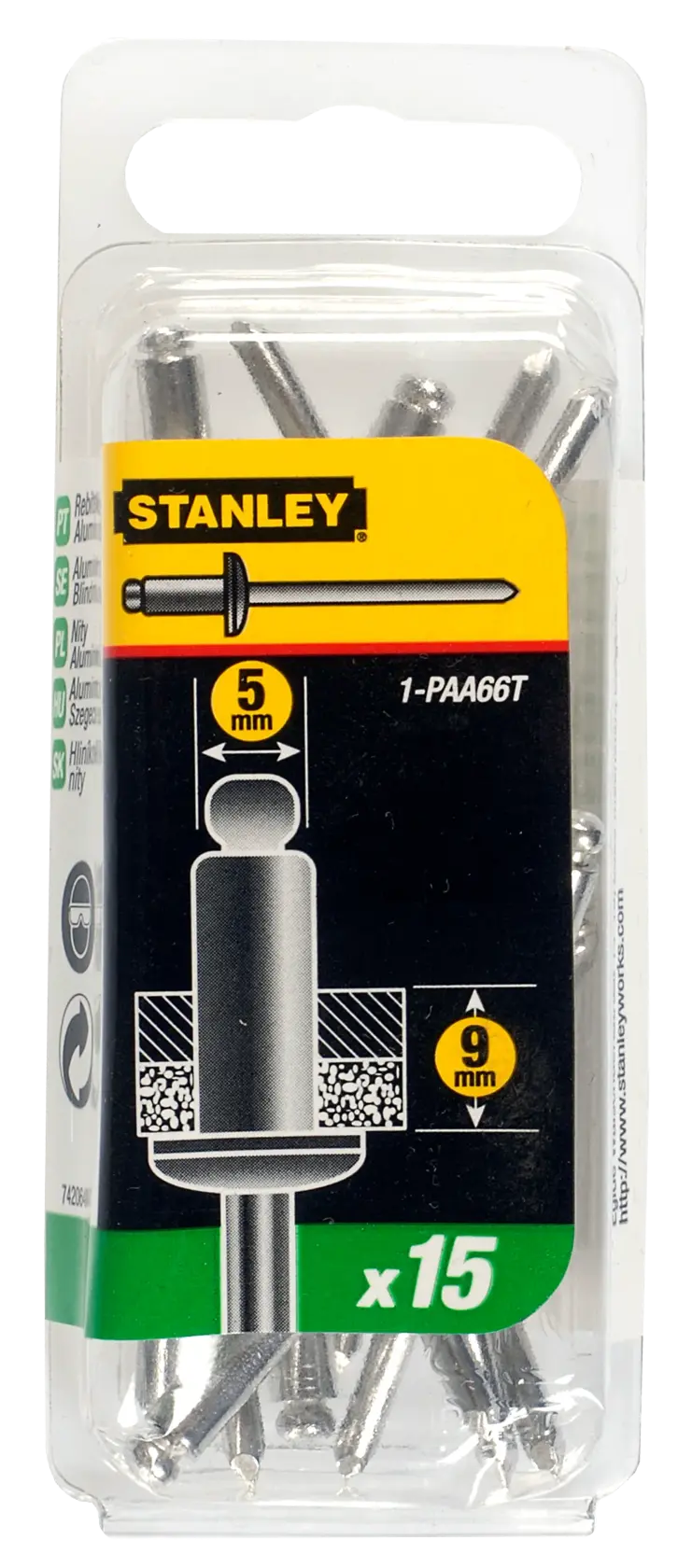 Foto von STANLEY 1-PAA66T Metallnieten, 15er Pack mit 5 mm Durchmesser, in transparenter Kunststoffverpackung, Frontansicht.