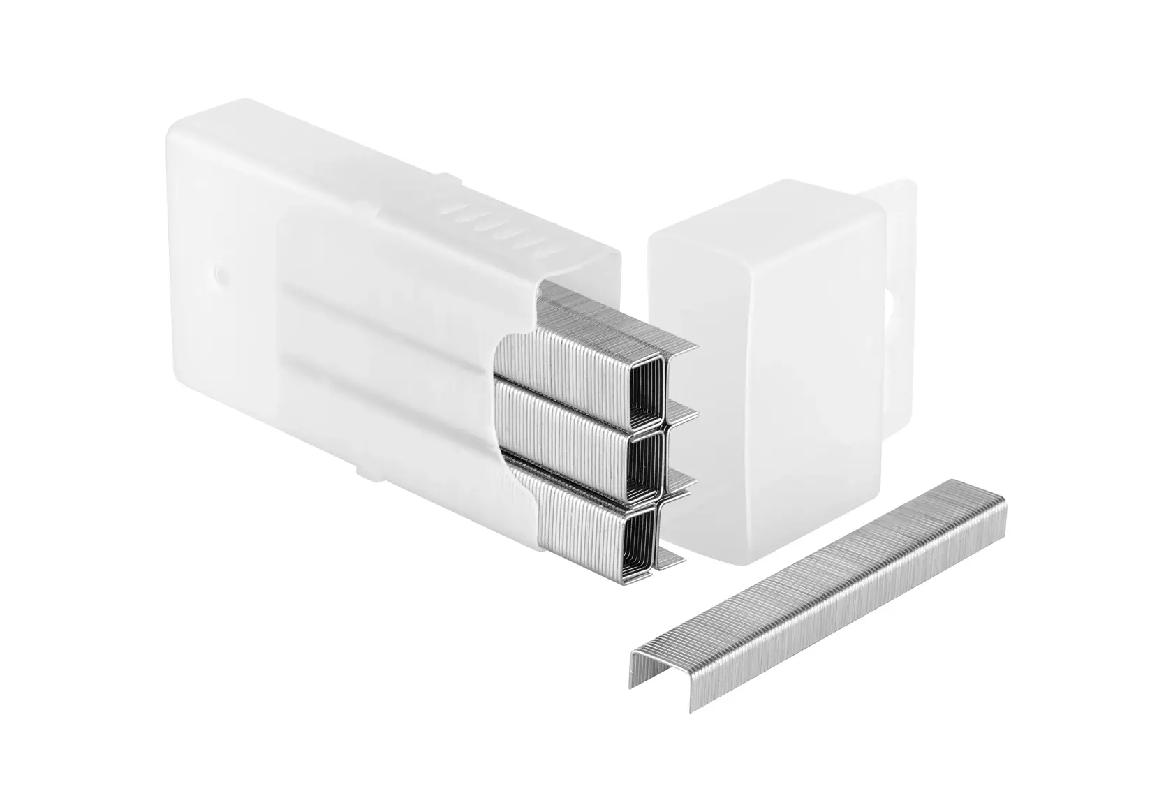 Packung silberner Metallklammern mit weißer Kunststoffbox, geeignet für Heftgeräte.