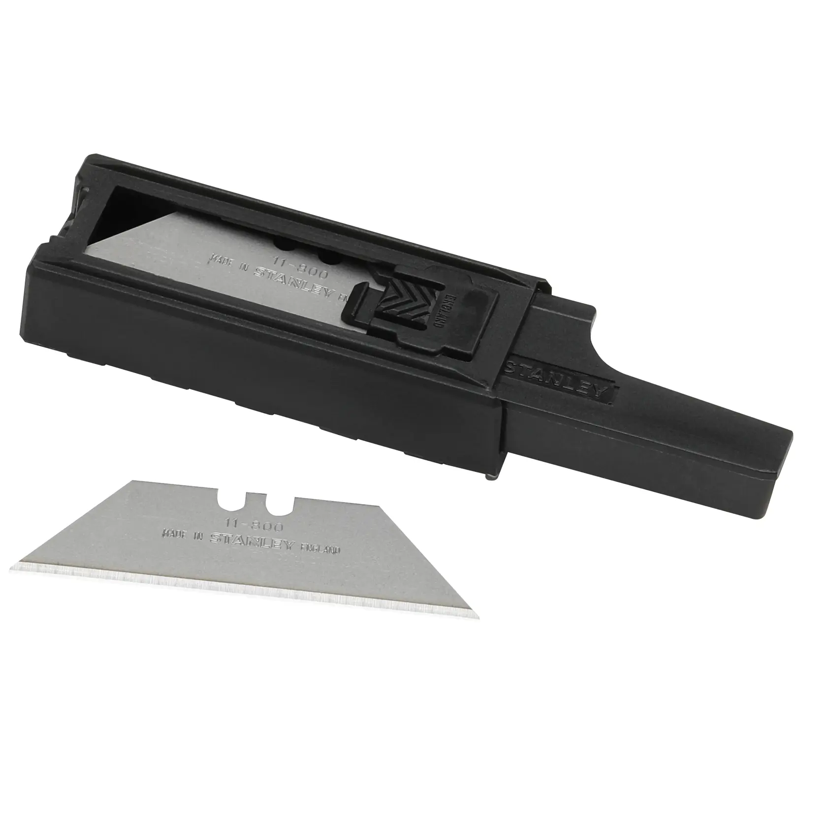 STANLEY 2-11-800 Universalmesser-Klinge und schwarzer Spender auf weißem Hintergrund, Seitenansicht.