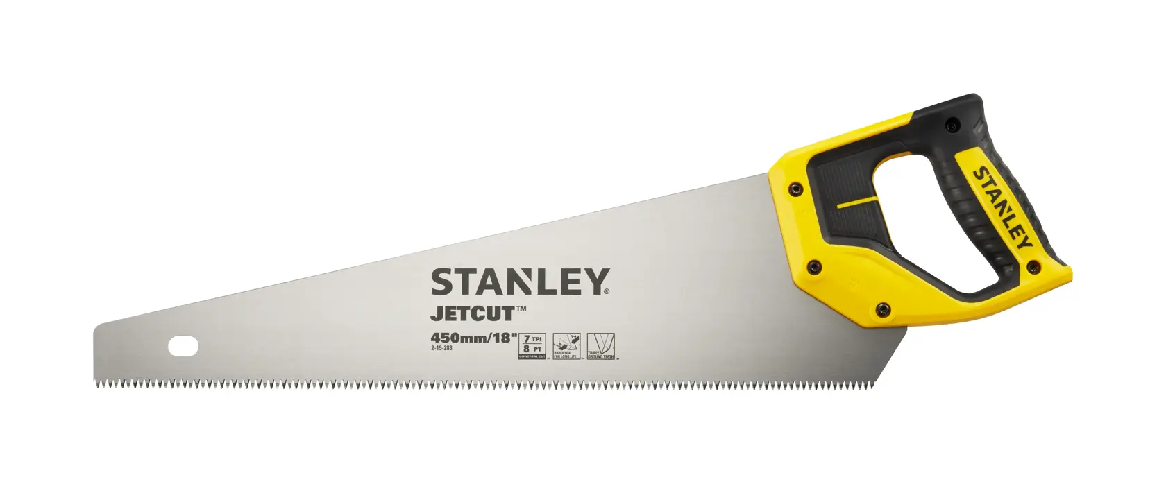 STANLEY 2-15-283 Jetcut Handsäge, 450mm Klinge, gelb-schwarzer Griff, Seitenansicht, Fotografie.