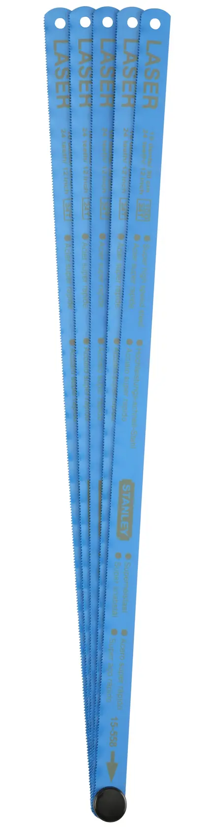 STANLEY 2-15-558 Set blaue Bügelsägeblätter, Fünferpack, Metalltrennwerkzeuge, gerade Ansicht vor weißem Hintergrund.