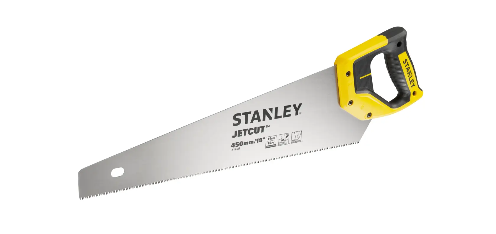 Foto der STANLEY 2-15-595 Handsäge mit gelb-schwarzem Griff, 450mm JetCut-Klinge, Seitenansicht auf weißem Hintergrund.