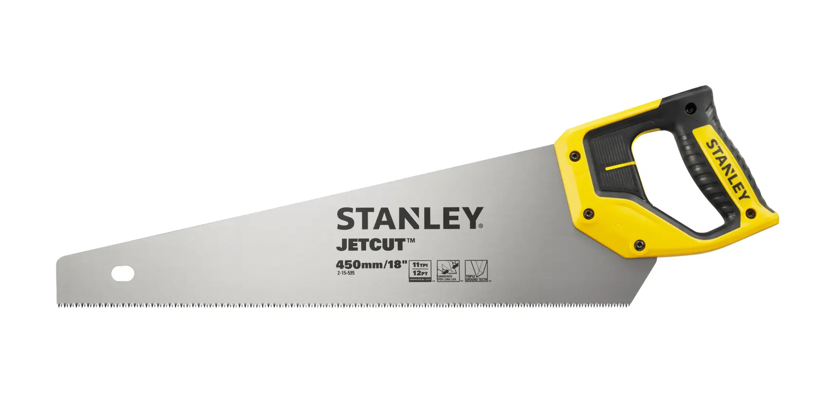 Stanley Jetcut Handsäge mit gelb-schwarzem Griff und 450mm Klinge auf weißem Hintergrund.